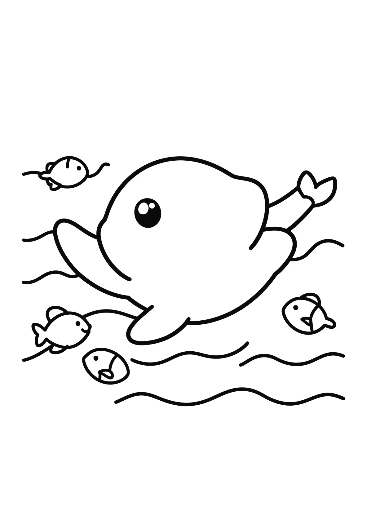 Ausmalbild Wal schwimmt im Ozean mit kleinen Fischen - Ausmalbild aus der Kategorie Tiere - kostenlos ausdrucken