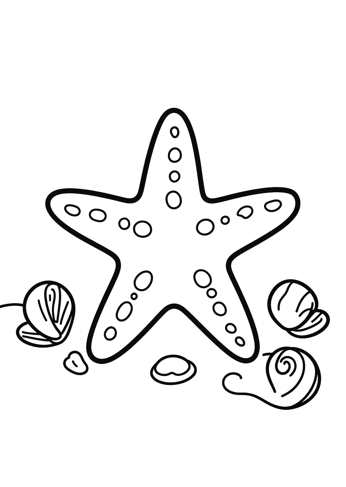 Ausmalbild Seestern liegt auf dem Meeresboden mit Muscheln - Ausmalbild aus der Kategorie Natur - kostenlos ausdrucken