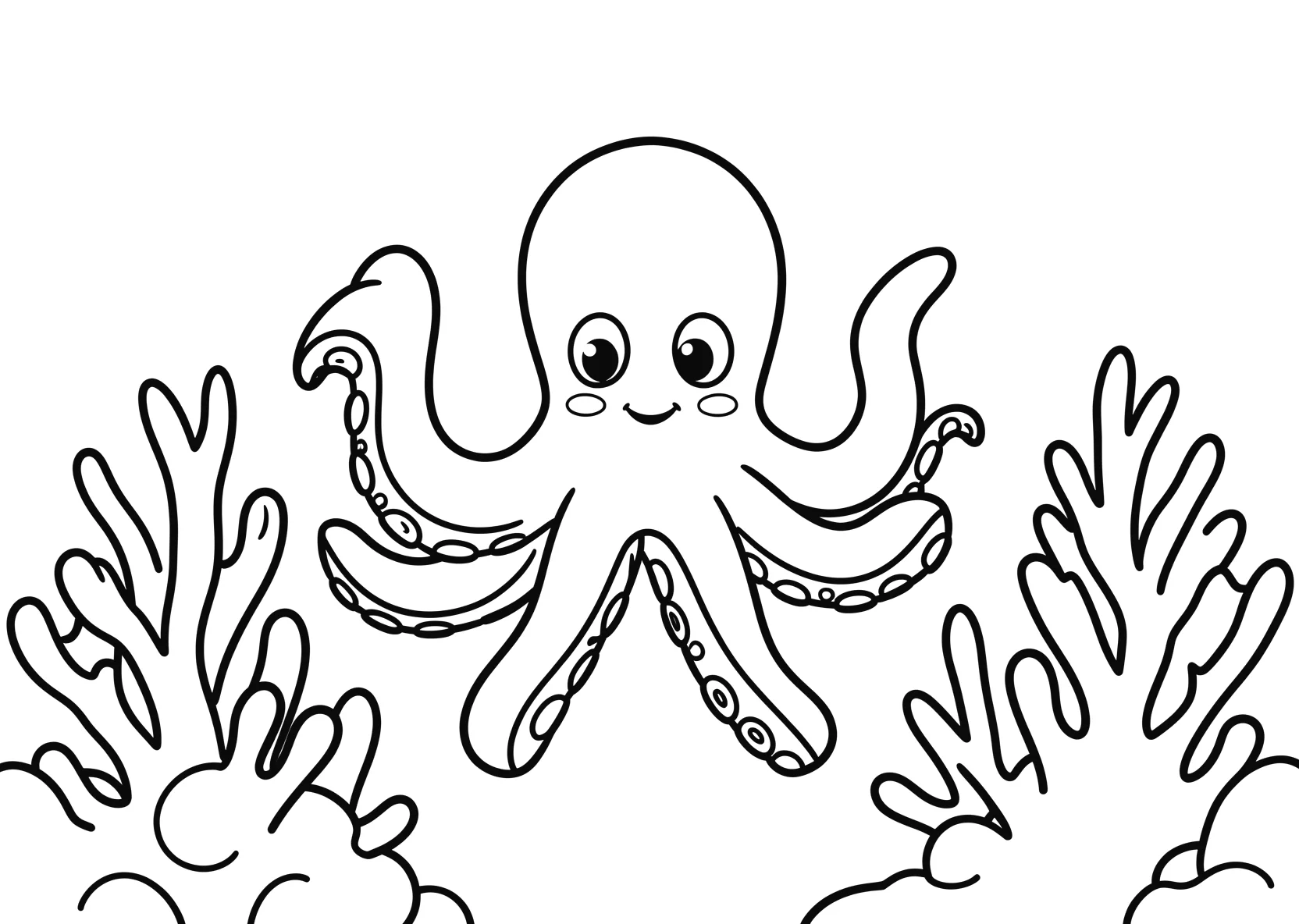 Ausmalbild Oktopus schwimmt zwischen Korallen und Algen - Ausmalbild aus der Kategorie Tiere - kostenlos ausdrucken