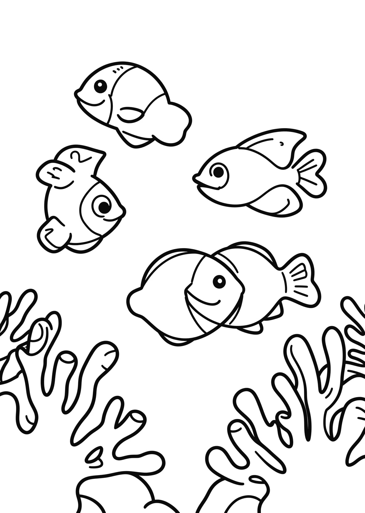 Ausmalbild Fischschwarm schwimmt durch Korallenriffe - Ausmalbild aus der Kategorie Tiere - kostenlos ausdrucken