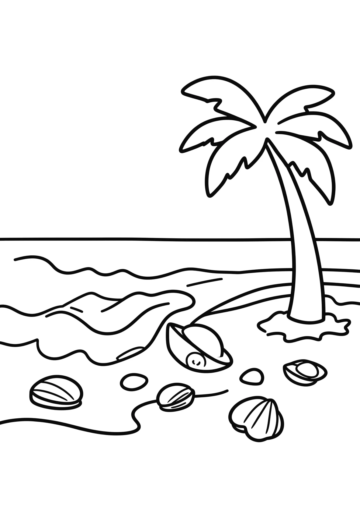 Ausmalbild Strand mit Muscheln, Wellen und Palmen - Ausmalbild aus der Kategorie Natur - kostenlos ausdrucken