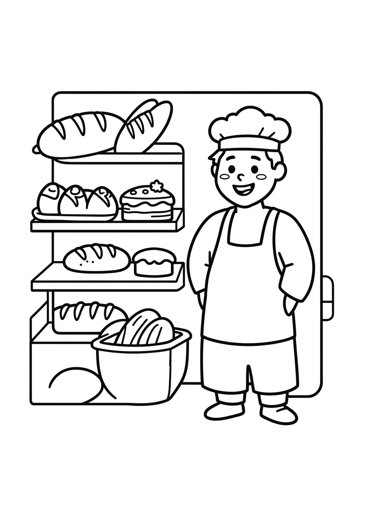 Ausmalbild Bäckerei mit Brot, Kuchen und einem Bäcker - Ausmalbild aus der Kategorie Essen - kostenlos ausdrucken