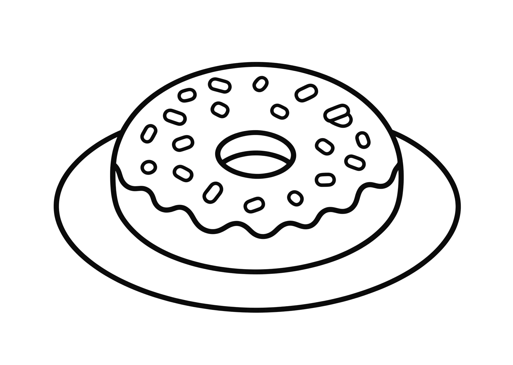 Ausmalbild Donut mit Streuseln auf einem Teller - Ausmalbild aus der Kategorie Essen - kostenlos ausdrucken