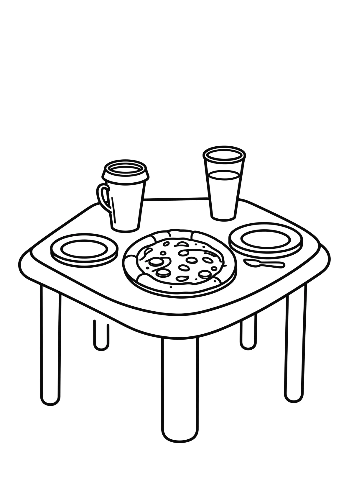 Ausmalbild Tisch mit Pizza, Getränken und Tellern - Ausmalbild aus der Kategorie Essen - kostenlos ausdrucken