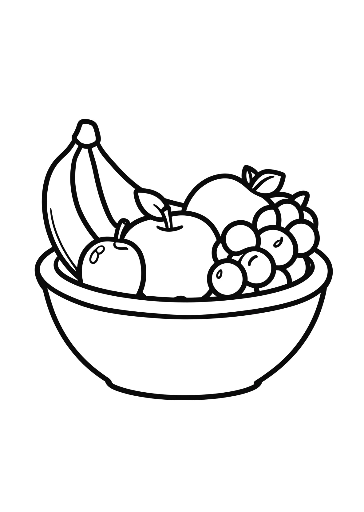 Ausmalbild Obstschale mit Bananen, Äpfeln und Trauben - Ausmalbild aus der Kategorie Essen - kostenlos ausdrucken