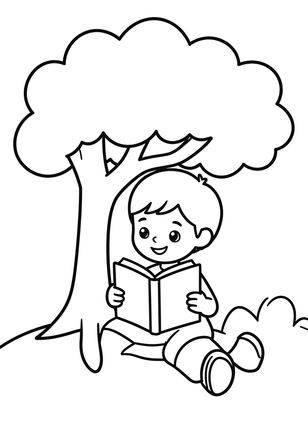 Ausmalbild Kind liest ein Buch unter einem Baum - Ausmalbild aus der Kategorie Natur - kostenlos ausdrucken