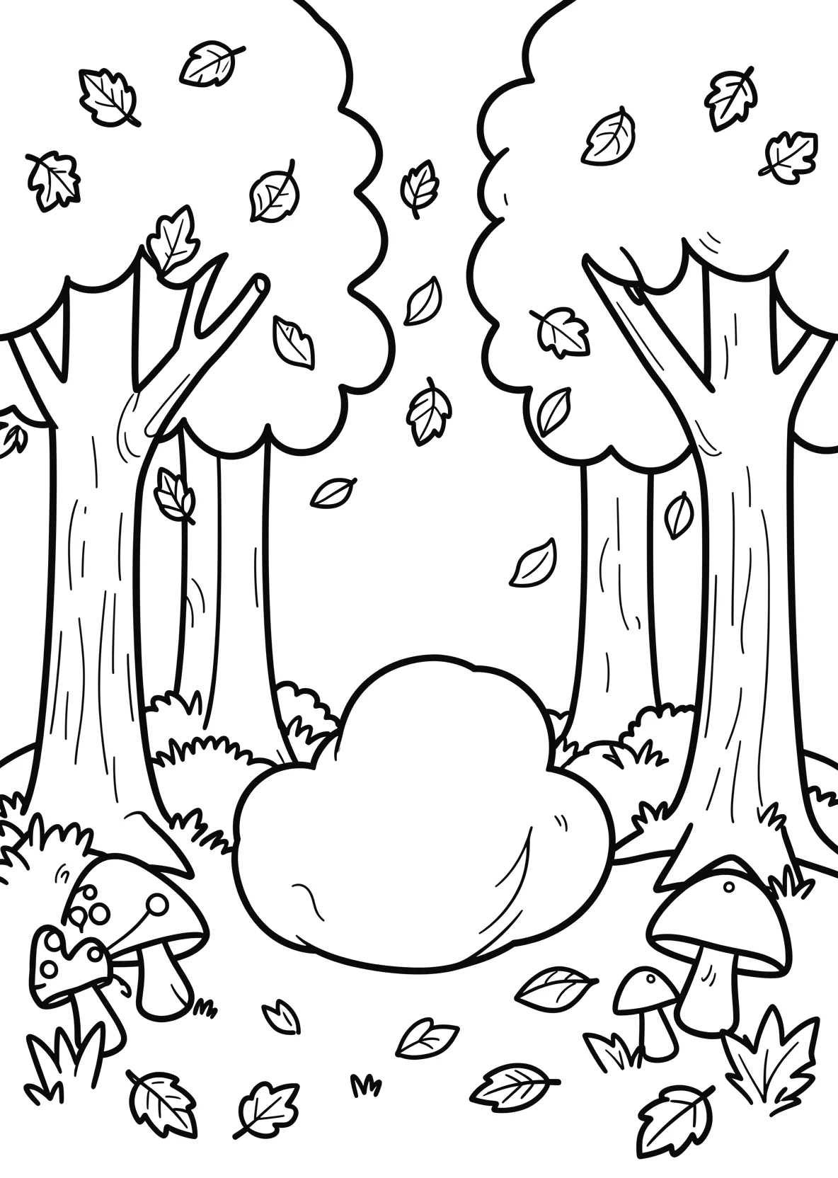 Ausmalbild Herbstwald mit fallenden Blättern - Ausmalbild aus der Kategorie Natur - kostenlos ausdrucken