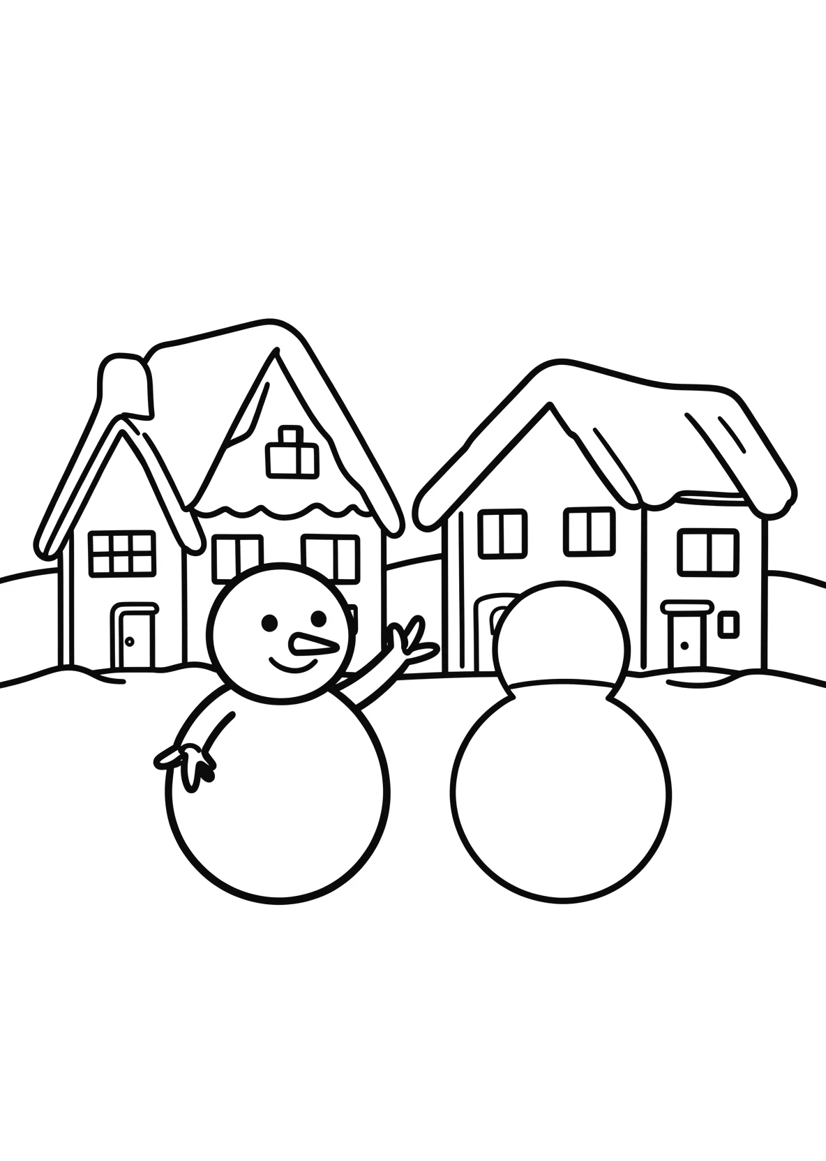 Ausmalbild Winterdorf mit Schnee, Häusern und Schneemann - Ausmalbild aus der Kategorie Natur - kostenlos ausdrucken