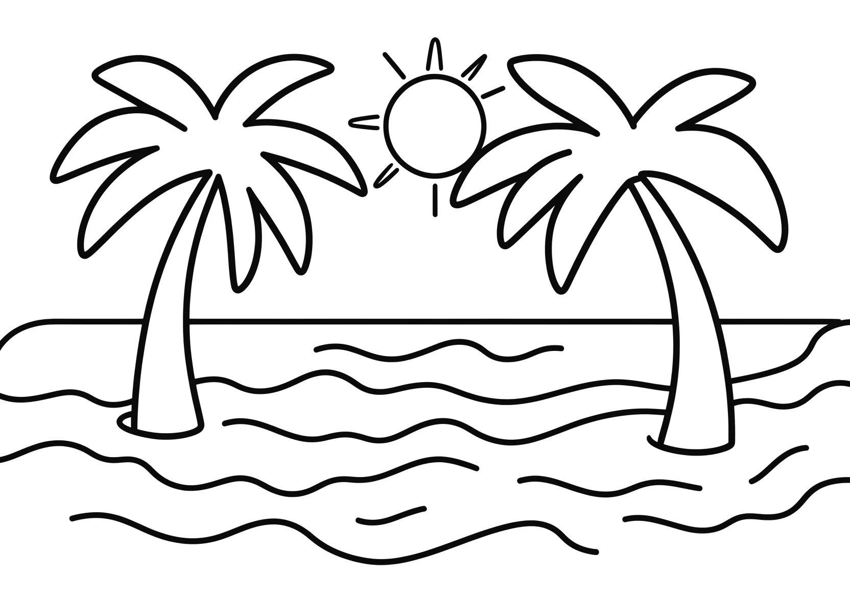 Ausmalbild Sommerstrand mit Palmen, Sonne und Wellen - Ausmalbild aus der Kategorie Natur - kostenlos ausdrucken