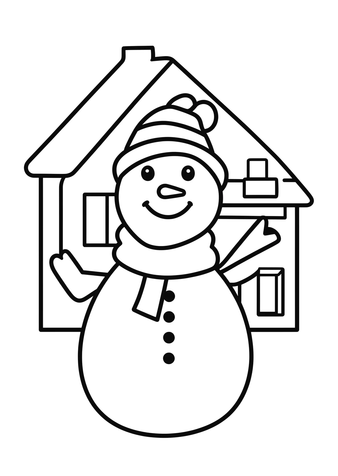 Ausmalbild Schneemann mit Hut und Schal vor einem Haus - Ausmalbild aus der Kategorie Natur - kostenlos ausdrucken