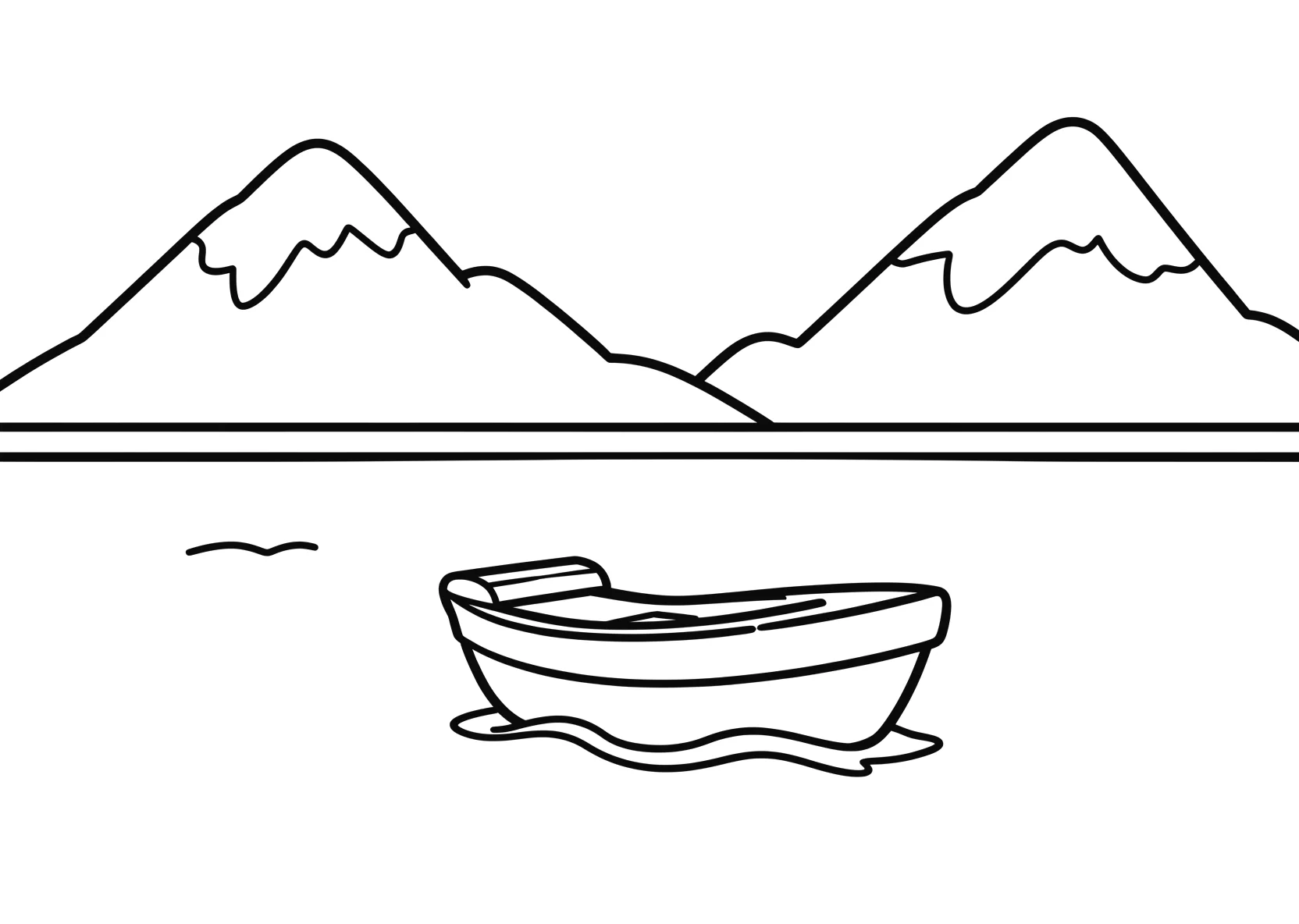 Ausmalbild See im Sommer mit Boot und Bergen - Ausmalbild aus der Kategorie Natur - kostenlos ausdrucken