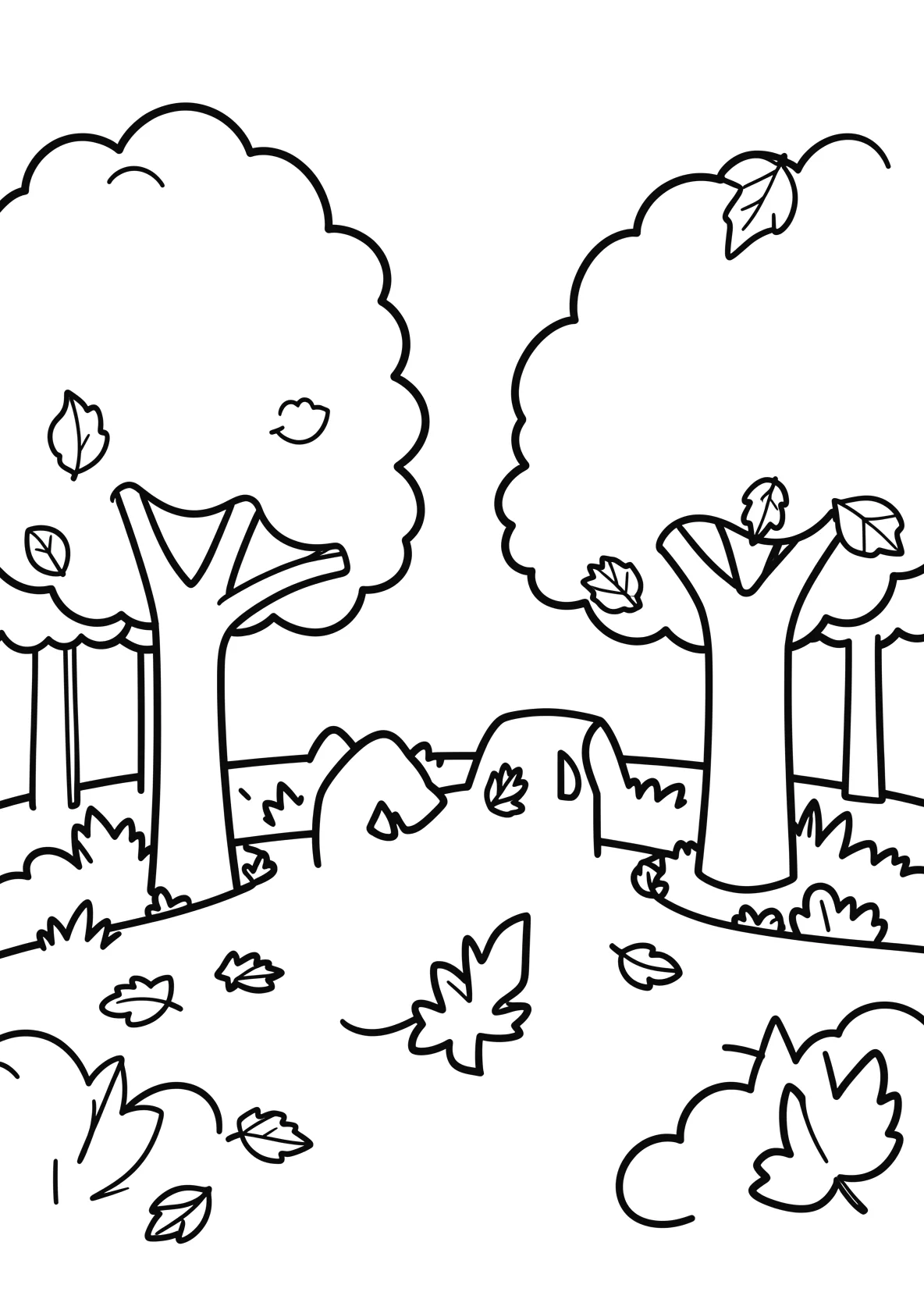 Ausmalbild Park im Herbst mit Bäumen und Blättern - Ausmalbild aus der Kategorie Natur - kostenlos ausdrucken