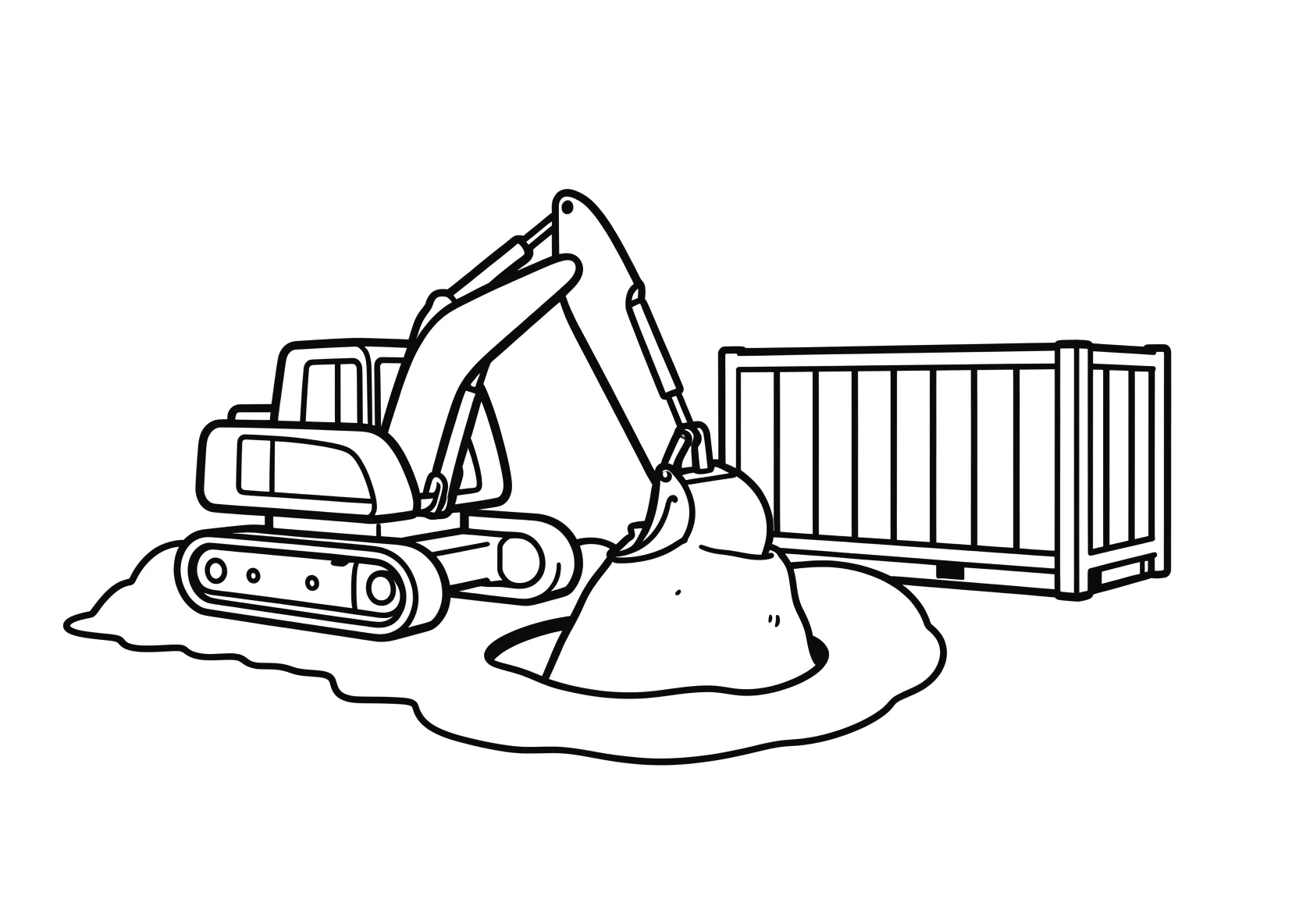 Ausmalbild Bagger gräbt ein Loch neben einem Baucontainer - Ausmalbild aus der Kategorie Fahrzeuge - kostenlos ausdrucken