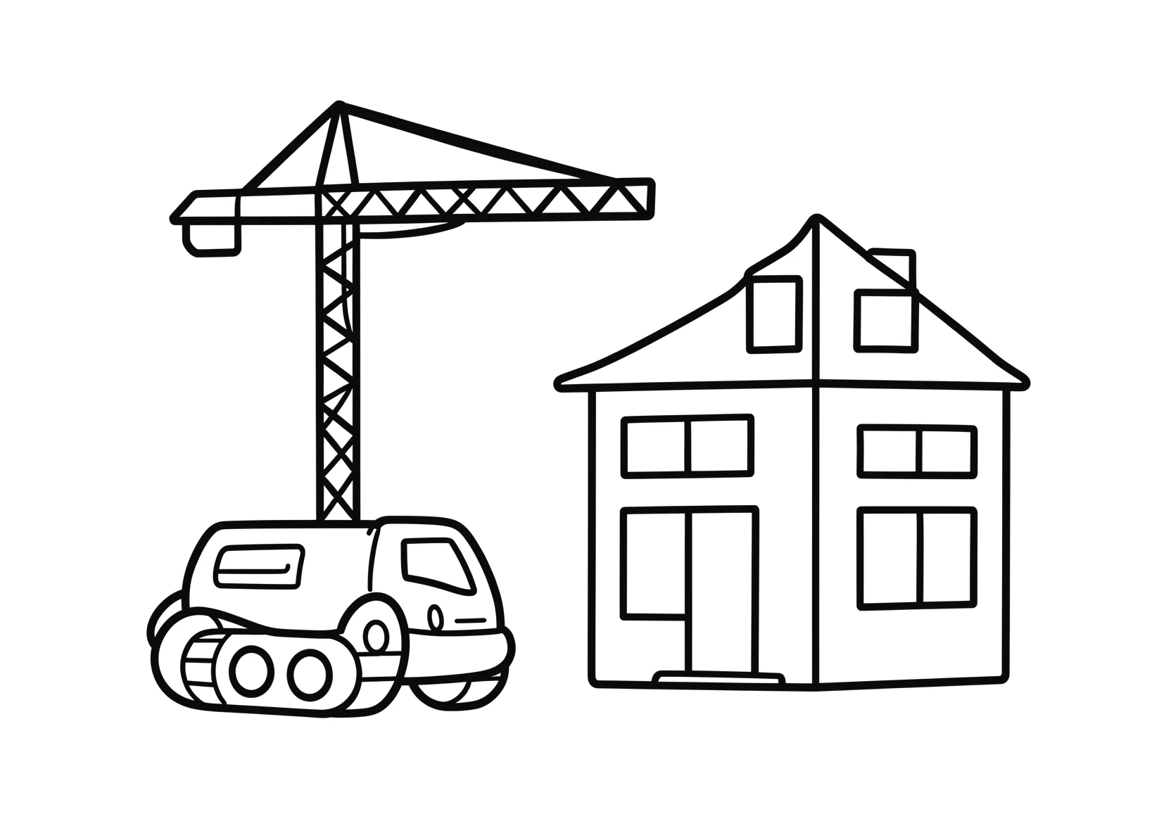 Ausmalbild Kran steht neben einem halbfertigen Gebäude - Ausmalbild aus der Kategorie Fahrzeuge - kostenlos ausdrucken