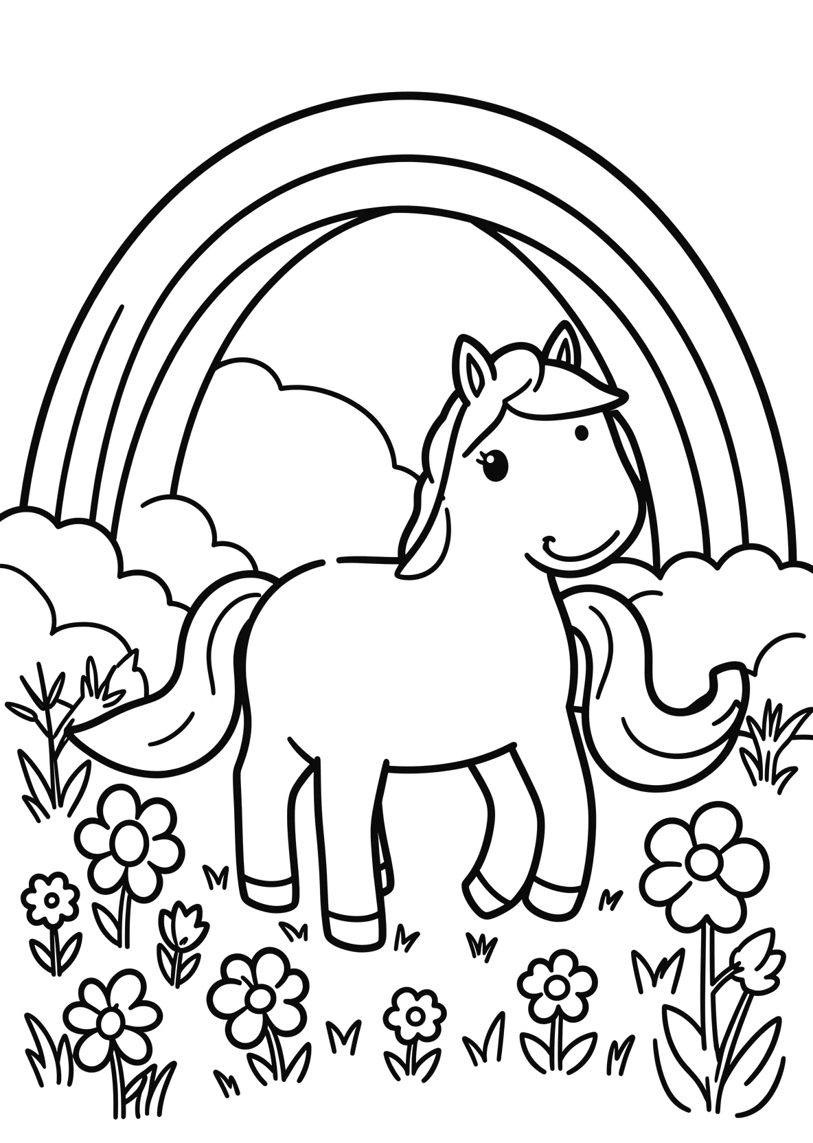 Ausmalbild Einhorn auf einer Blumenwiese mit Regenbogen - Ausmalbild aus der Kategorie Natur - kostenlos ausdrucken