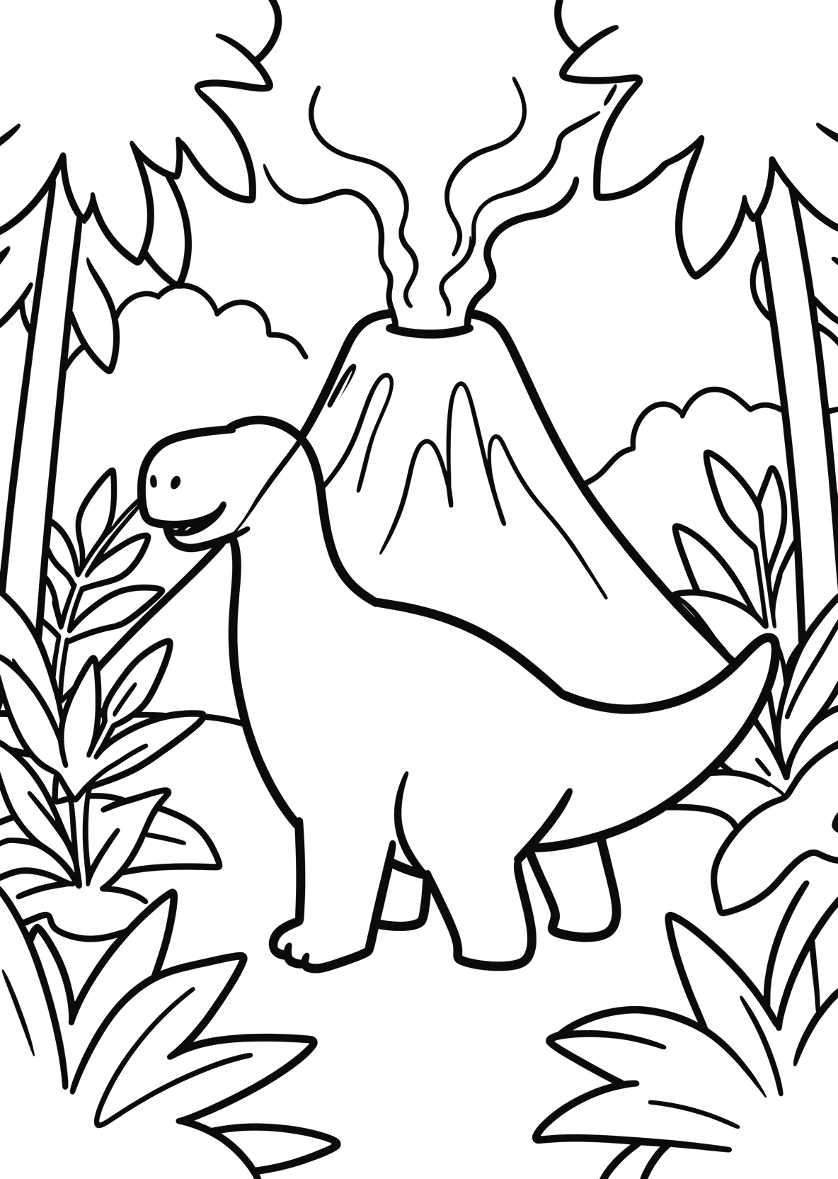 Ausmalbild Dinosaurier im Dschungel mit Vulkan - Ausmalbild aus der Kategorie Tiere - kostenlos ausdrucken