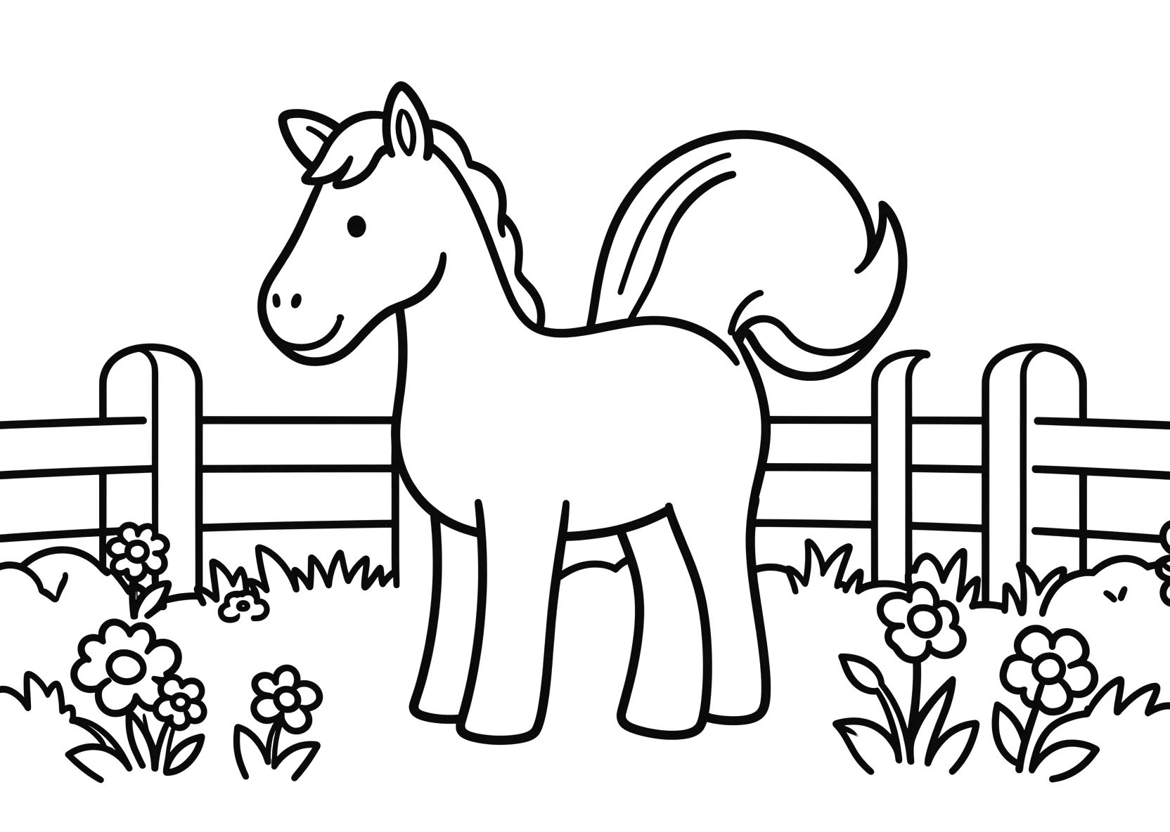 Ausmalbild Pferd auf einer Wiese mit Zaun und Blumen - Ausmalbild aus der Kategorie Tiere - kostenlos ausdrucken