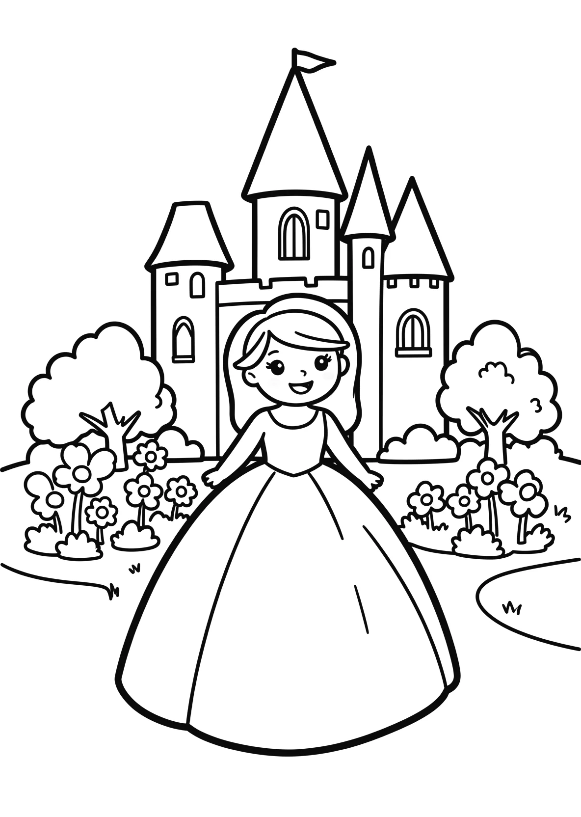 Ausmalbild Prinzessin vor einem Schloss mit Garten - Ausmalbild aus der Kategorie Maerchen - kostenlos ausdrucken