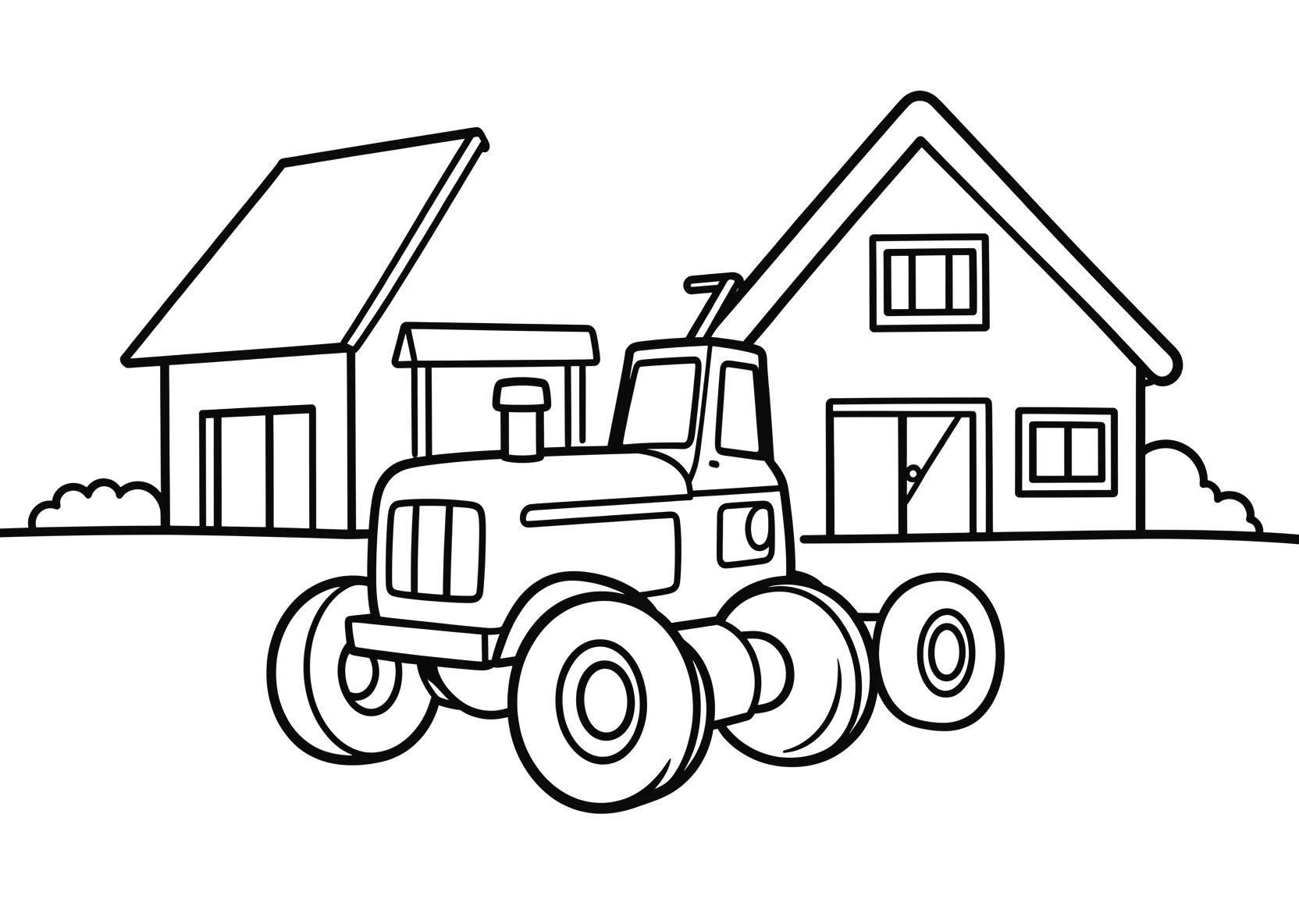 Ausmalbild Traktor auf einem Bauernhof mit Scheune - Ausmalbild aus der Kategorie Tiere - kostenlos ausdrucken