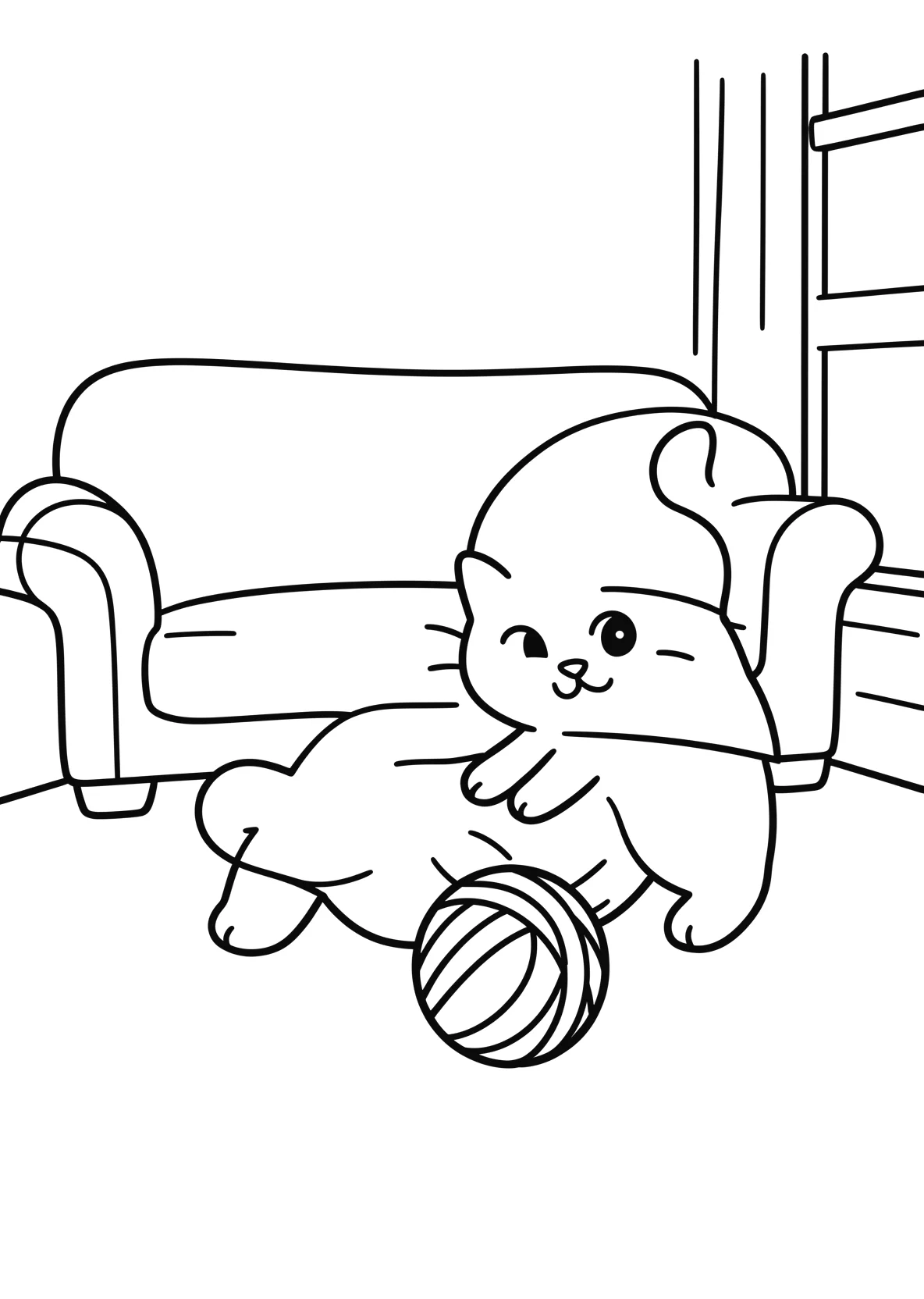 Ausmalbild Katze spielt mit einem Wollknäuel im Wohnzimmer - Ausmalbild aus der Kategorie Tiere - kostenlos ausdrucken