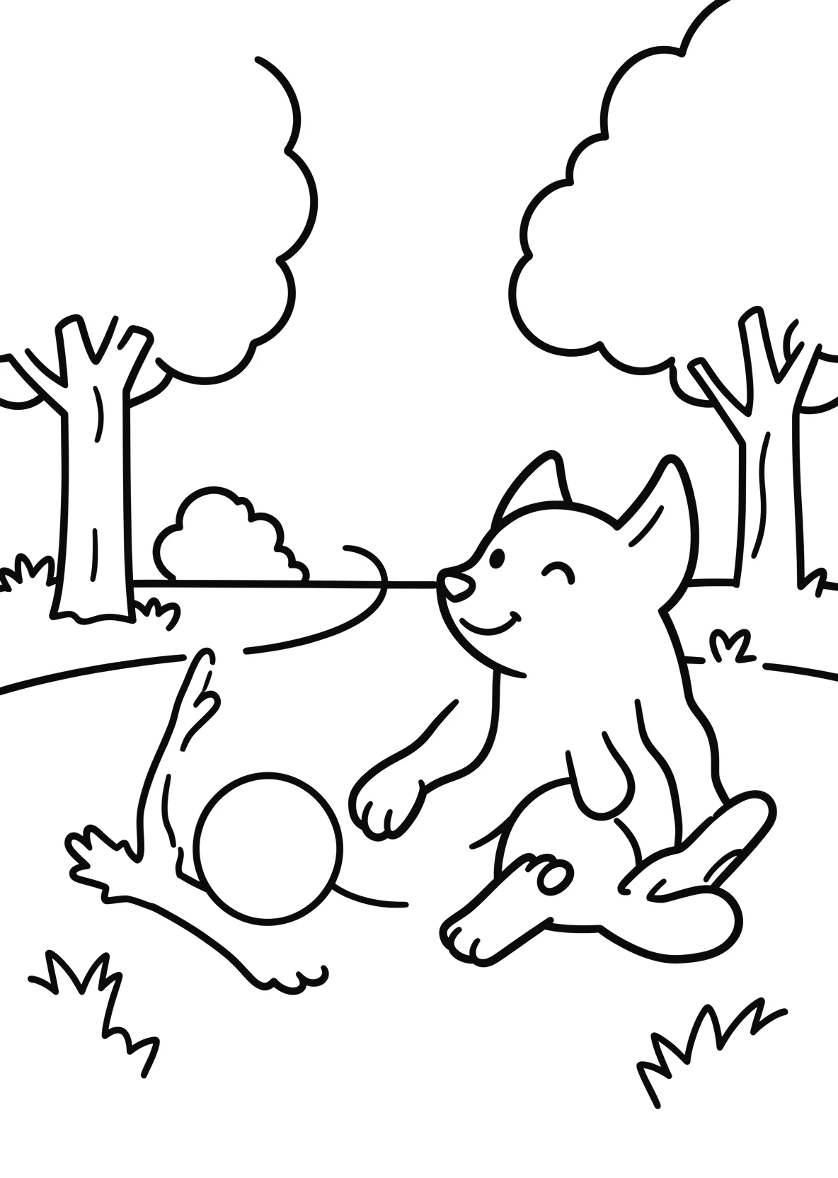 Ausmalbild Hund spielt im Park mit Ball und Ästen - Ausmalbild aus der Kategorie Tiere - kostenlos ausdrucken