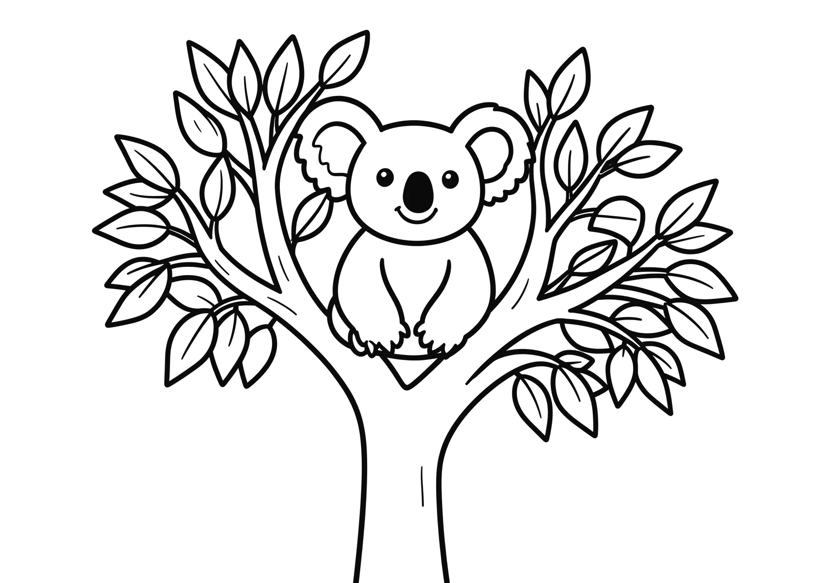 Ausmalbild Koala sitzt gemütlich auf einem Eukalyptusbaum - Ausmalbild aus der Kategorie Tiere - kostenlos ausdrucken