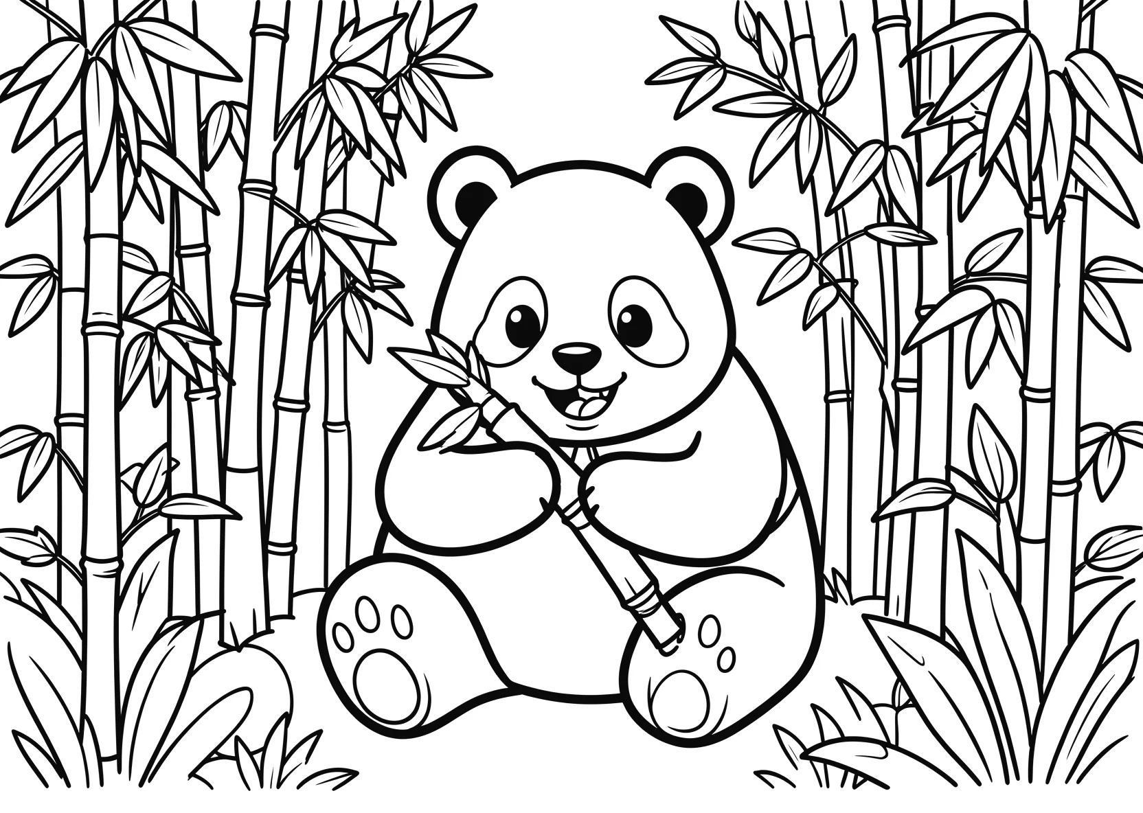 Ausmalbild Panda sitzt im Bambuswald - Ausmalbild aus der Kategorie Tiere - kostenlos ausdrucken