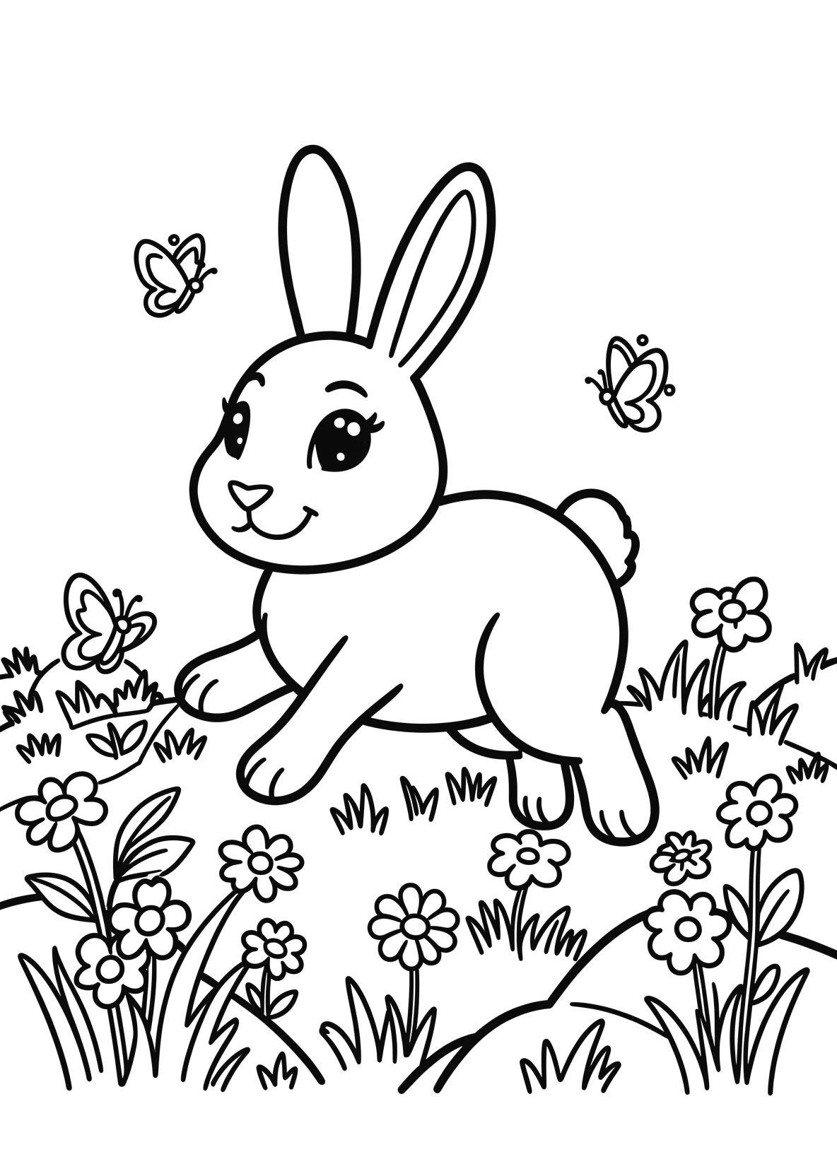 Ausmalbild Hase hüpft über eine Blumenwiese mit - Ausmalbild aus der Kategorie Tiere - kostenlos ausdrucken