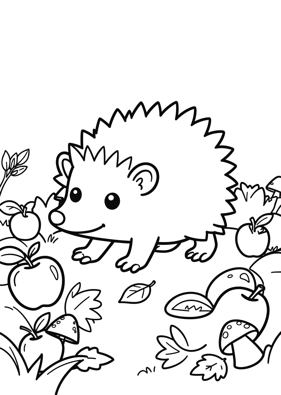 Ausmalbild Igel läuft durch einen Garten mit Äpfeln - Ausmalbild aus der Kategorie Tiere - kostenlos ausdrucken