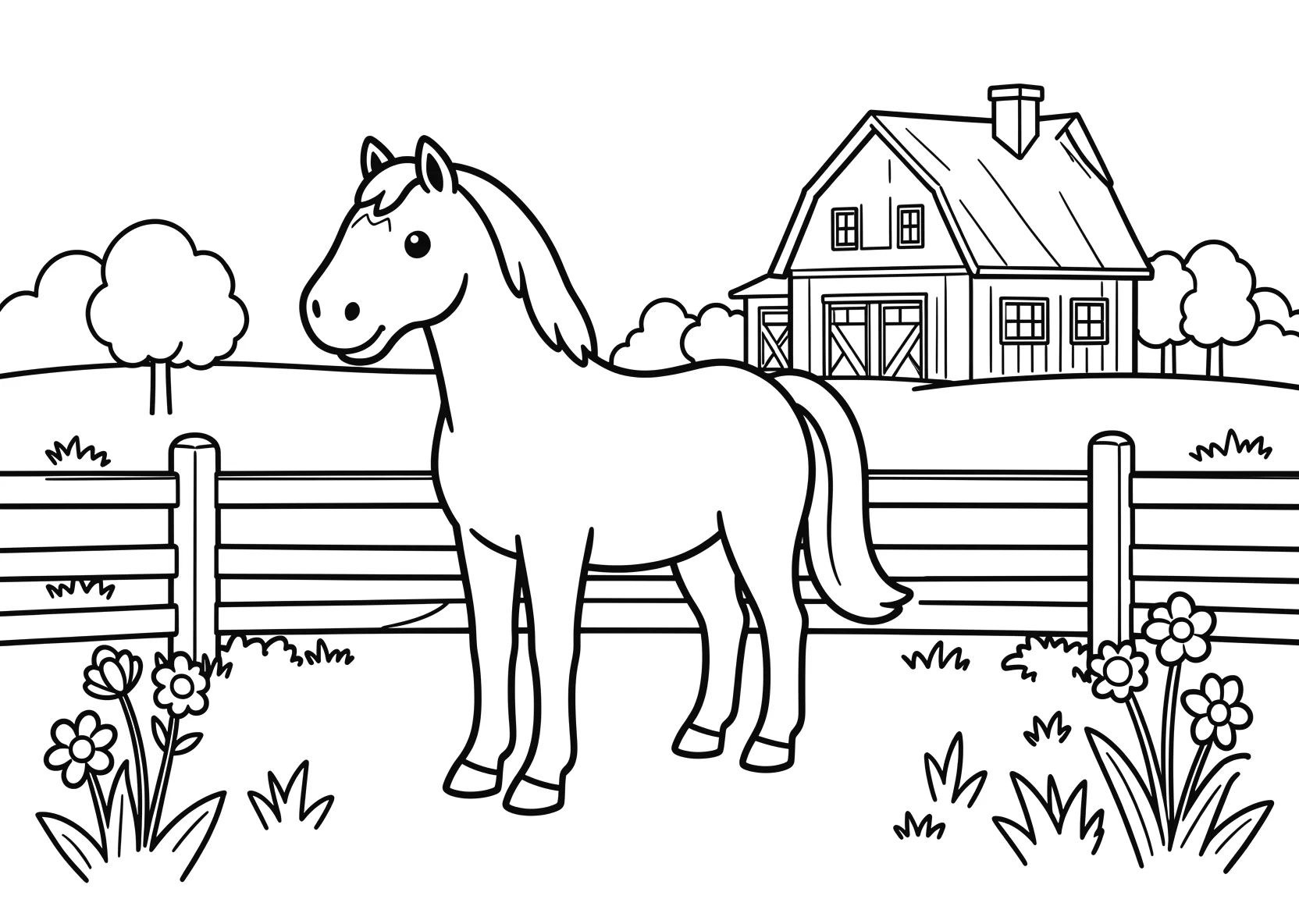Ausmalbild Pferd steht auf einer Weide mit Zaun - Ausmalbild aus der Kategorie Tiere - kostenlos ausdrucken