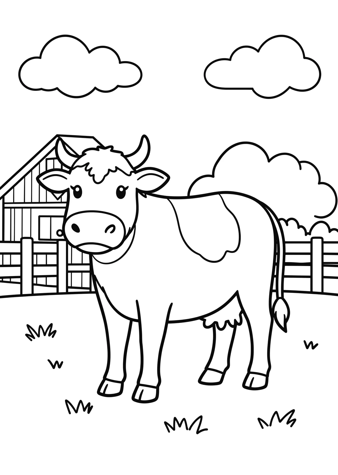 Ausmalbild Kuh steht auf einer grünen Wiese mit Scheune - Ausmalbild aus der Kategorie Natur - kostenlos ausdrucken