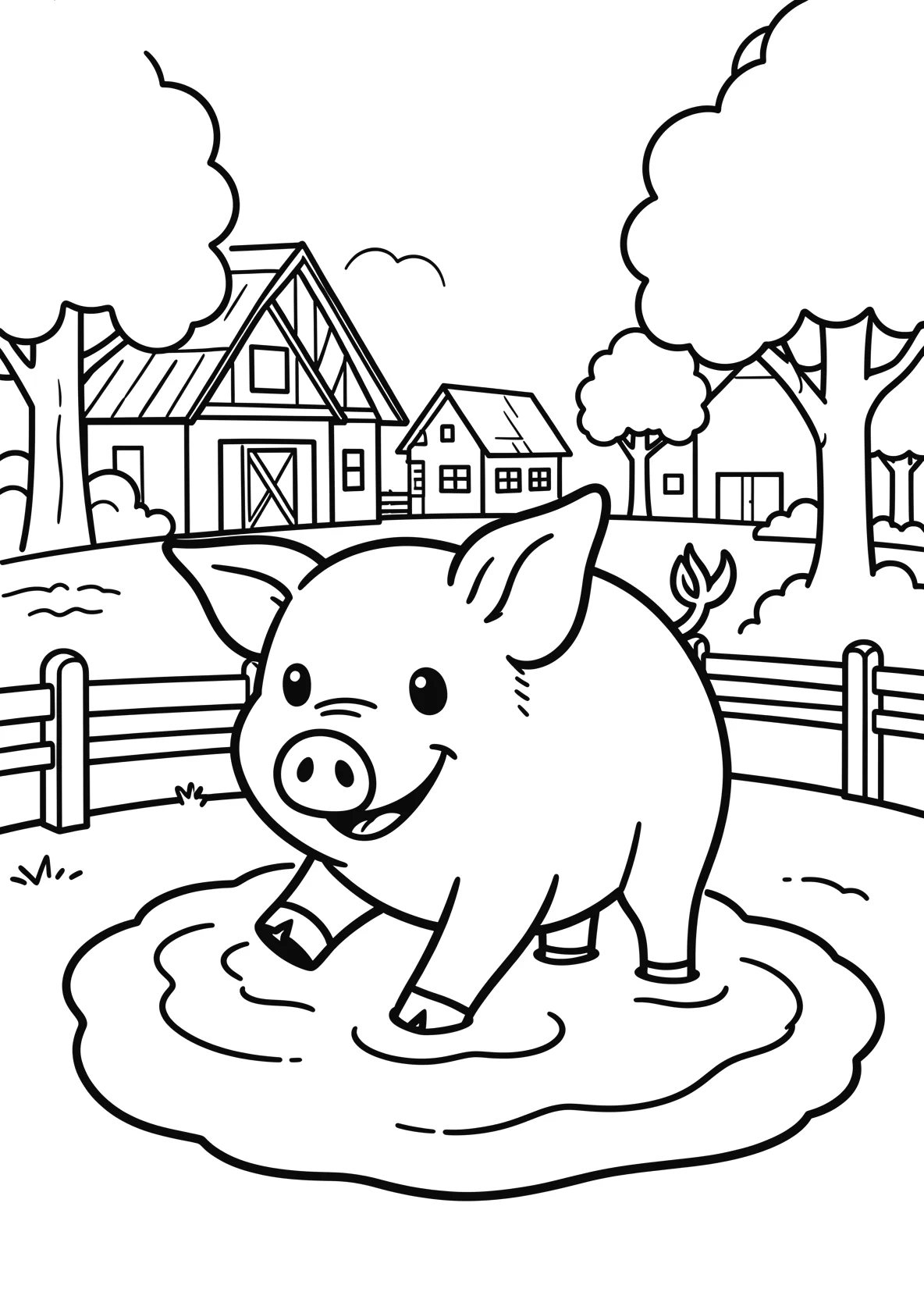 Ausmalbild Schwein spielt fröhlich im Schlamm mit Zaun - Ausmalbild aus der Kategorie Tiere - kostenlos ausdrucken