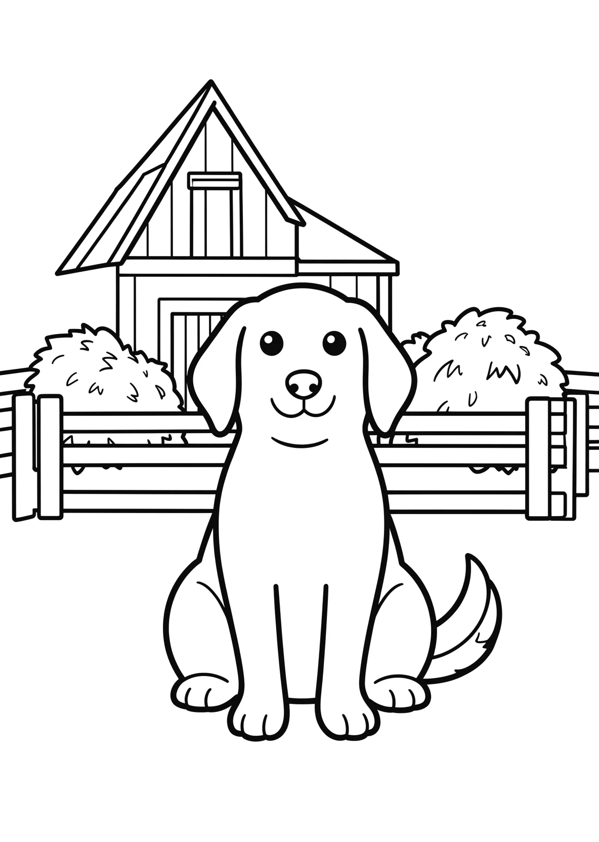 Ausmalbild Bauernhofhund sitzt vor einer Scheune mit - Ausmalbild aus der Kategorie Tiere - kostenlos ausdrucken