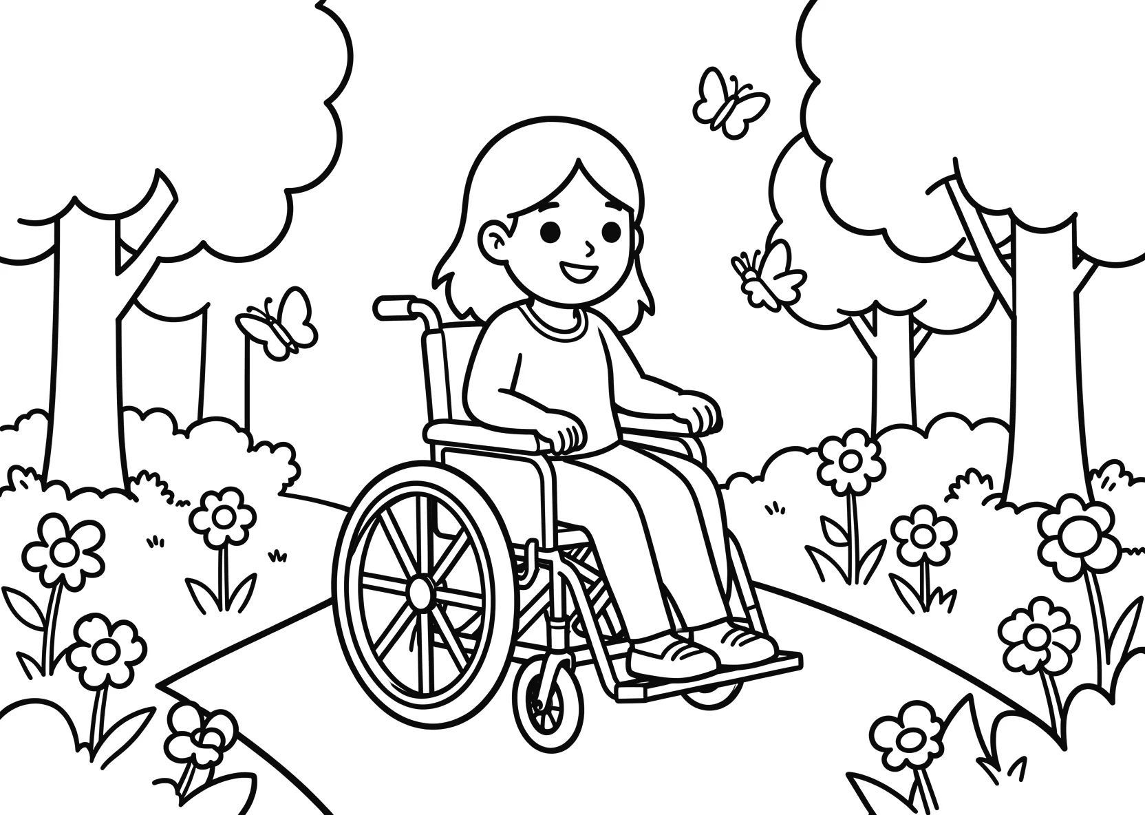 Ausmalbild Mädchen im Rollstuhl fährt über einen Weg im Park - Ausmalbild aus der Kategorie Tiere - kostenlos ausdrucken