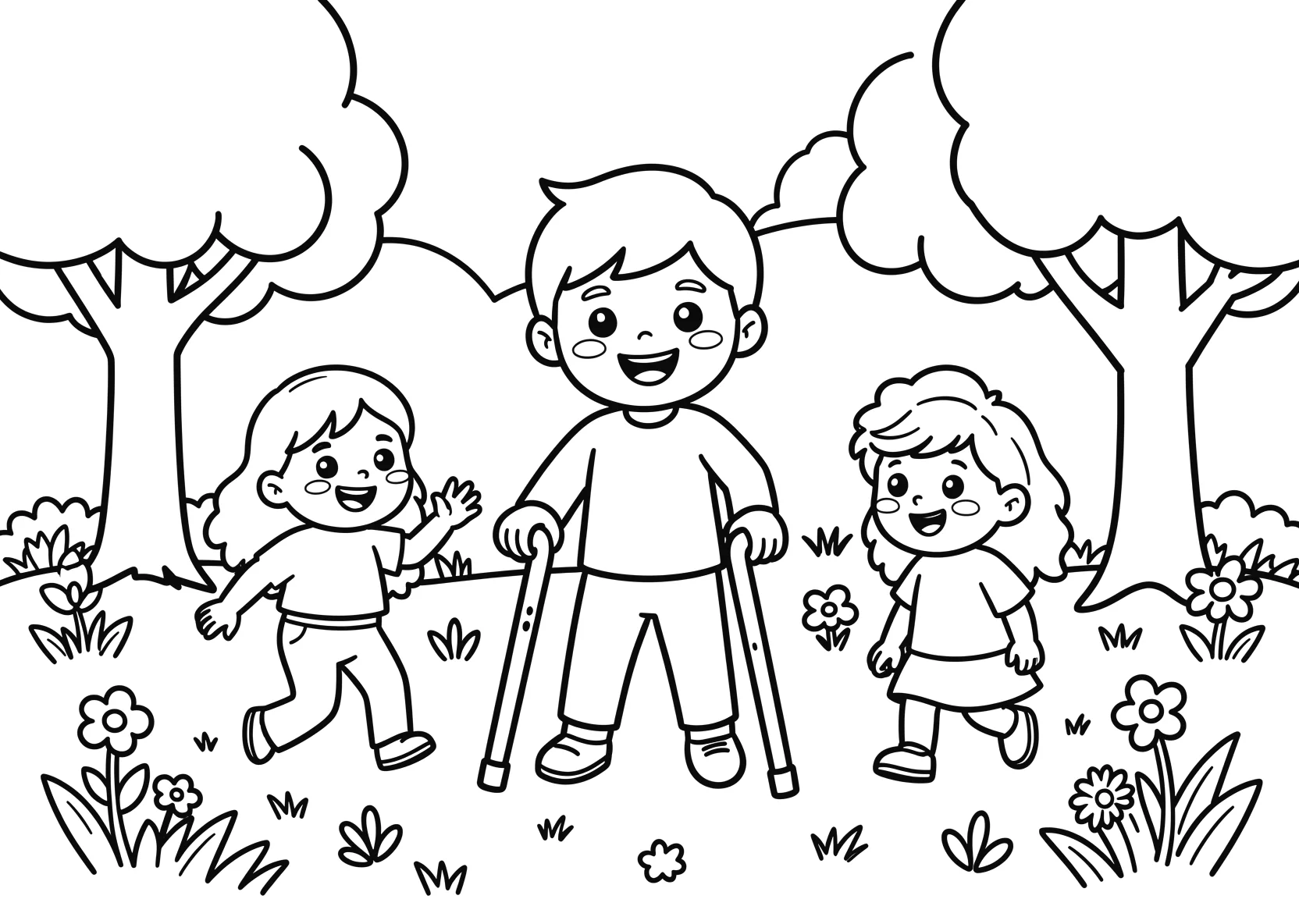 Ausmalbild Kind mit Krücken spielt mit Freunden auf einer - Ausmalbild aus der Kategorie Natur - kostenlos ausdrucken