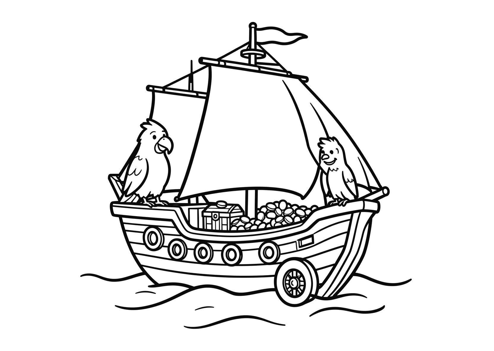 Ausmalbild Piratenschiff mit Schatzkiste - Ausmalbild aus der Kategorie Maerchen - kostenlos ausdrucken