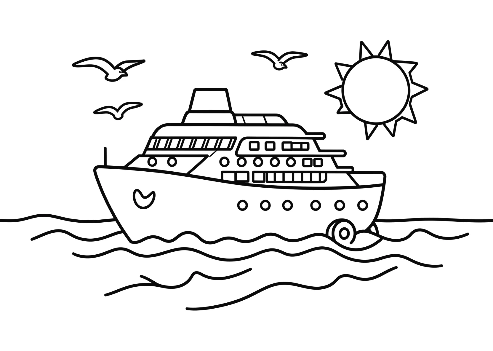 Ausmalbild Kreuzfahrtschiff fährt über den Ozean mit Möwen - Ausmalbild aus der Kategorie Fahrzeuge - kostenlos ausdrucken