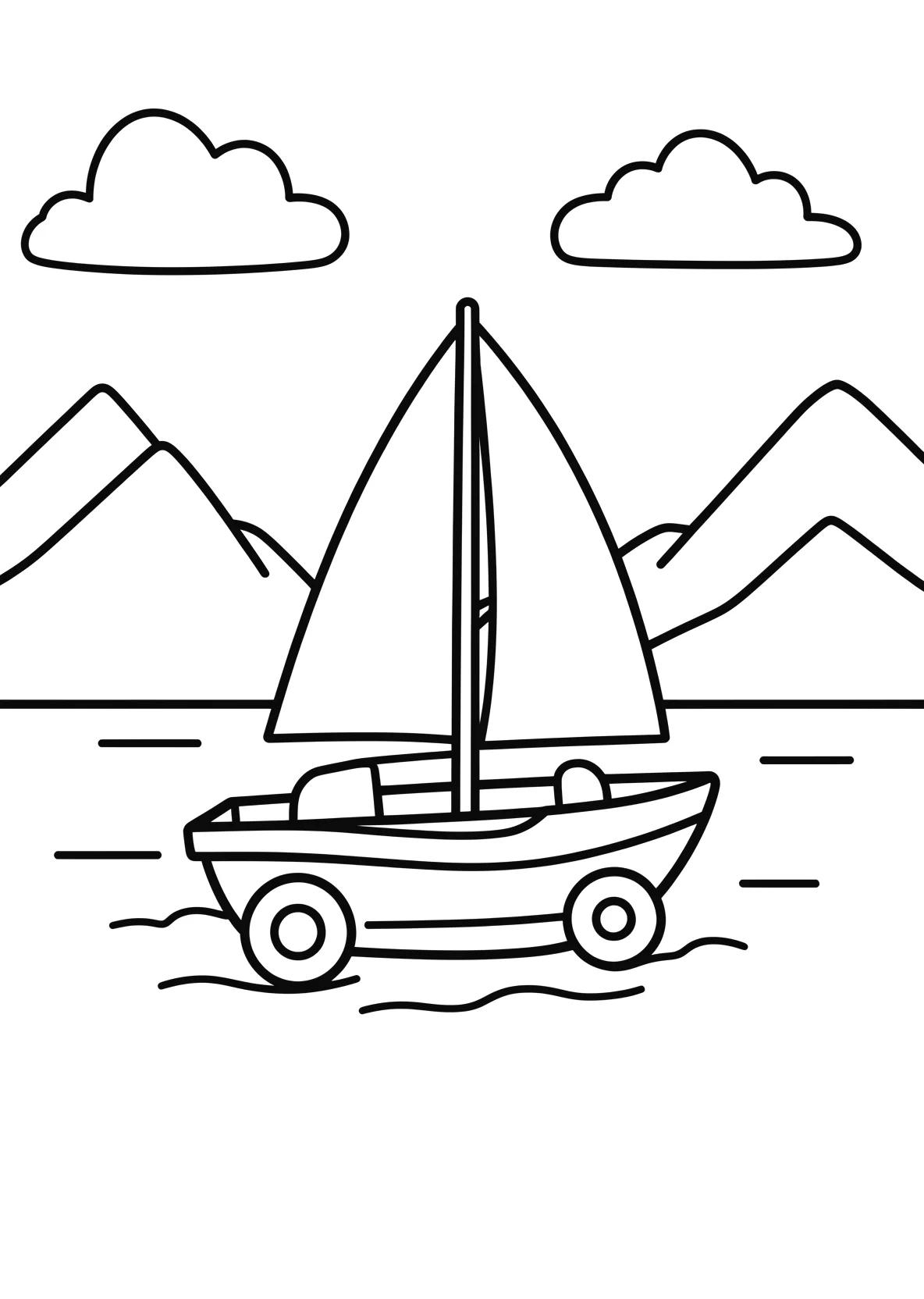 Ausmalbild Kleines Segelboot fährt über einen ruhigen See - Ausmalbild aus der Kategorie Fahrzeuge - kostenlos ausdrucken