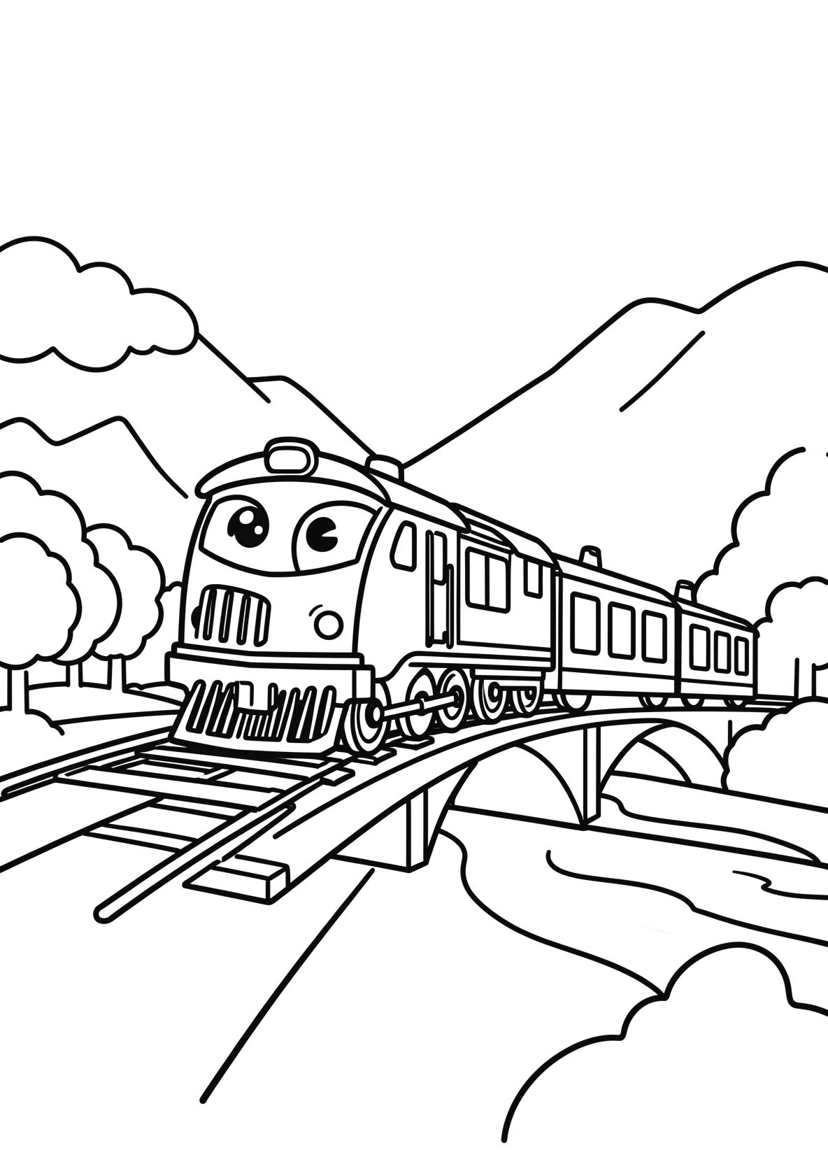 Ausmalbild Großer Zug fährt über eine Eisenbahnbrücke mit - Ausmalbild aus der Kategorie Fahrzeuge - kostenlos ausdrucken