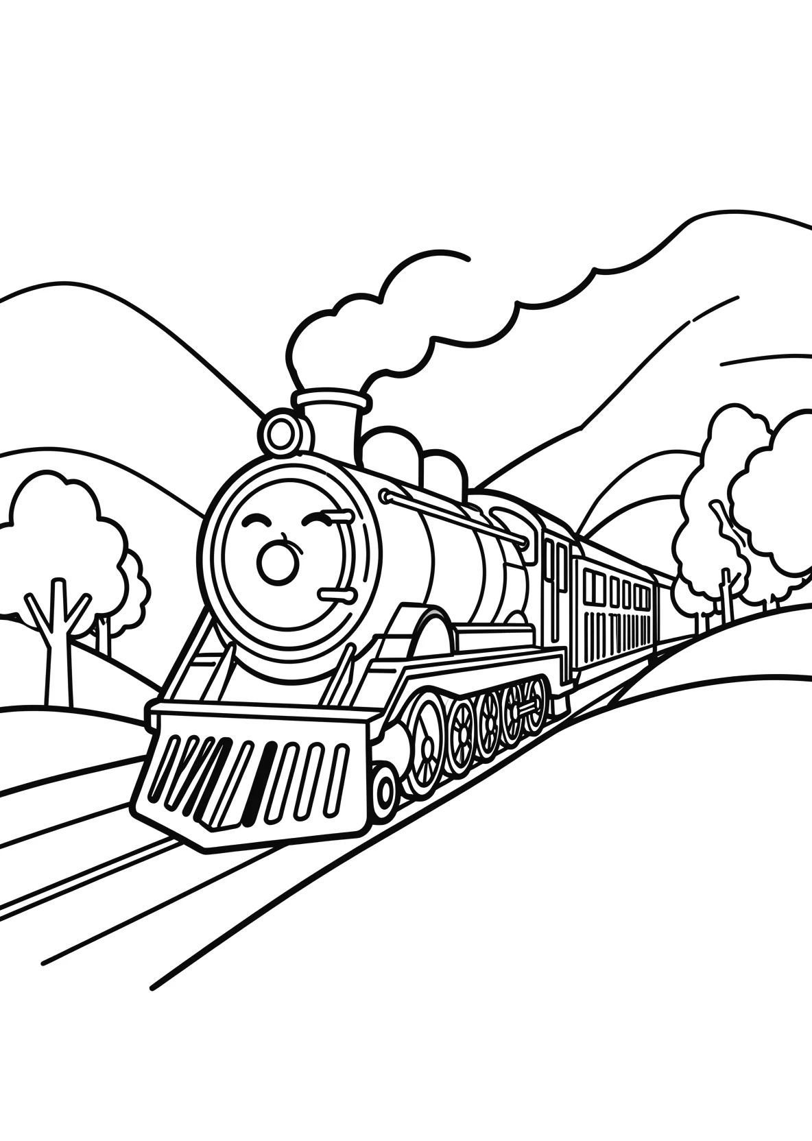 Ausmalbild Dampflokzug fährt durch eine Landschaft mit Tunnel - Ausmalbild aus der Kategorie Fahrzeuge - kostenlos ausdrucken