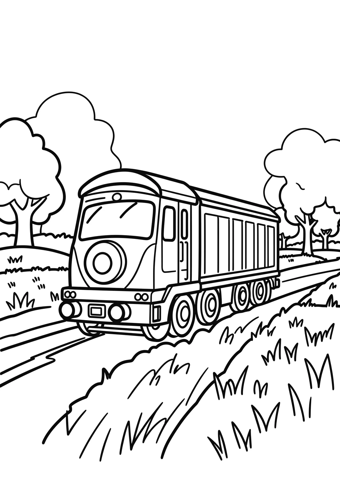 Ausmalbild Güterzug fährt durch eine Landschaft mit Feldern - Ausmalbild aus der Kategorie Fahrzeuge - kostenlos ausdrucken