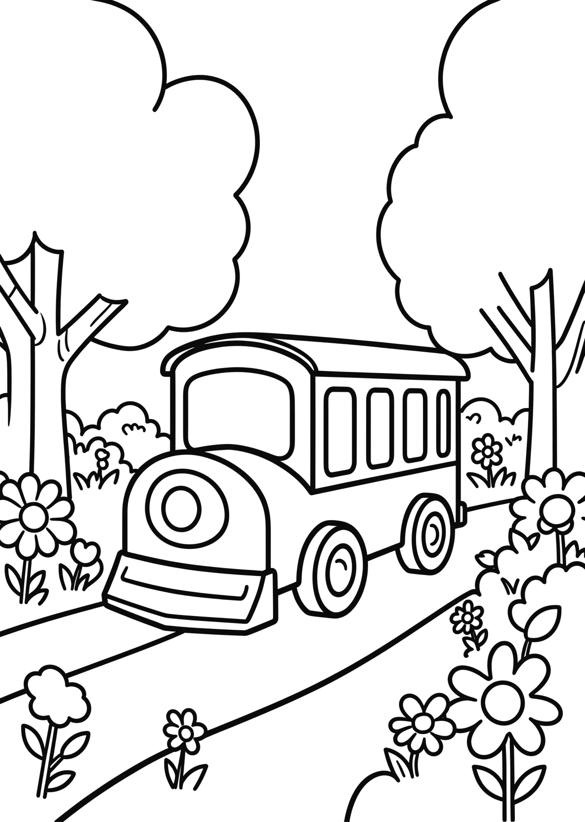 Ausmalbild Kleiner Kinderzug fährt durch einen Park mit - Ausmalbild aus der Kategorie Fahrzeuge - kostenlos ausdrucken