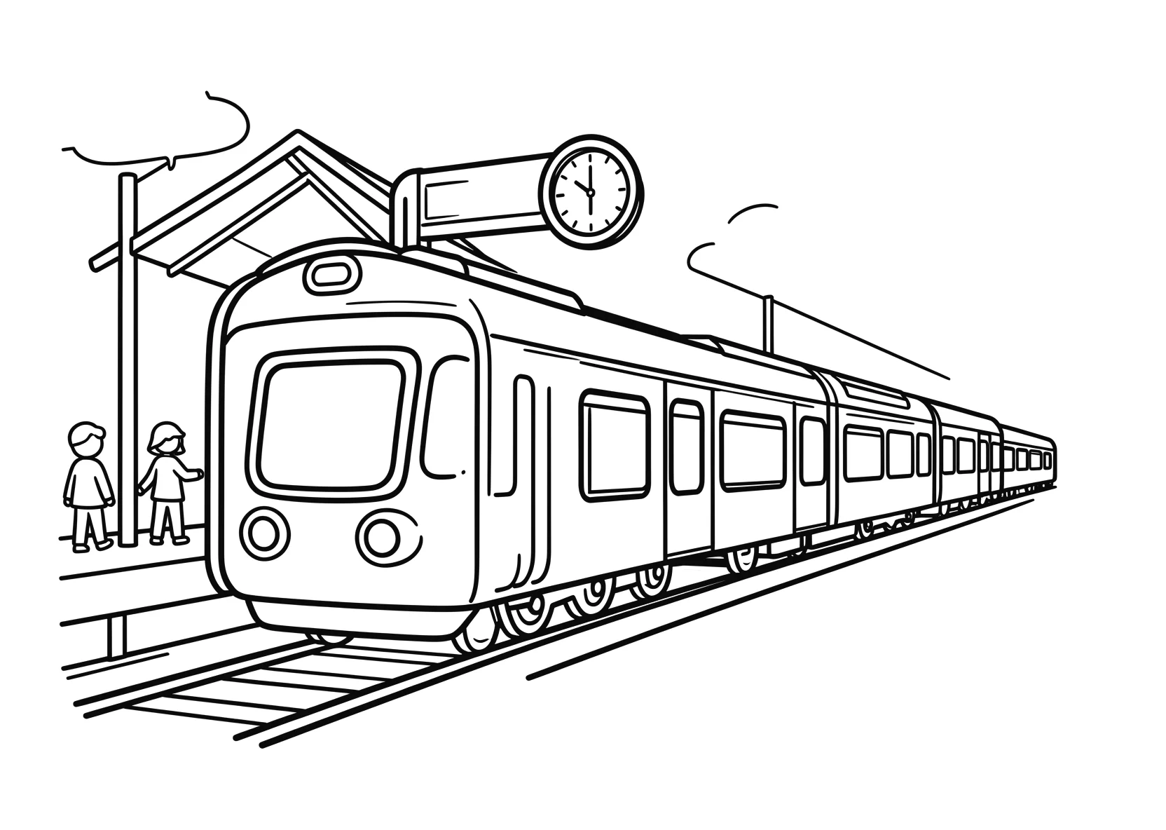 Ausmalbild Bahnhof mit Zug, Bahnsteig, Uhr und Reisenden - Ausmalbild aus der Kategorie Fahrzeuge - kostenlos ausdrucken