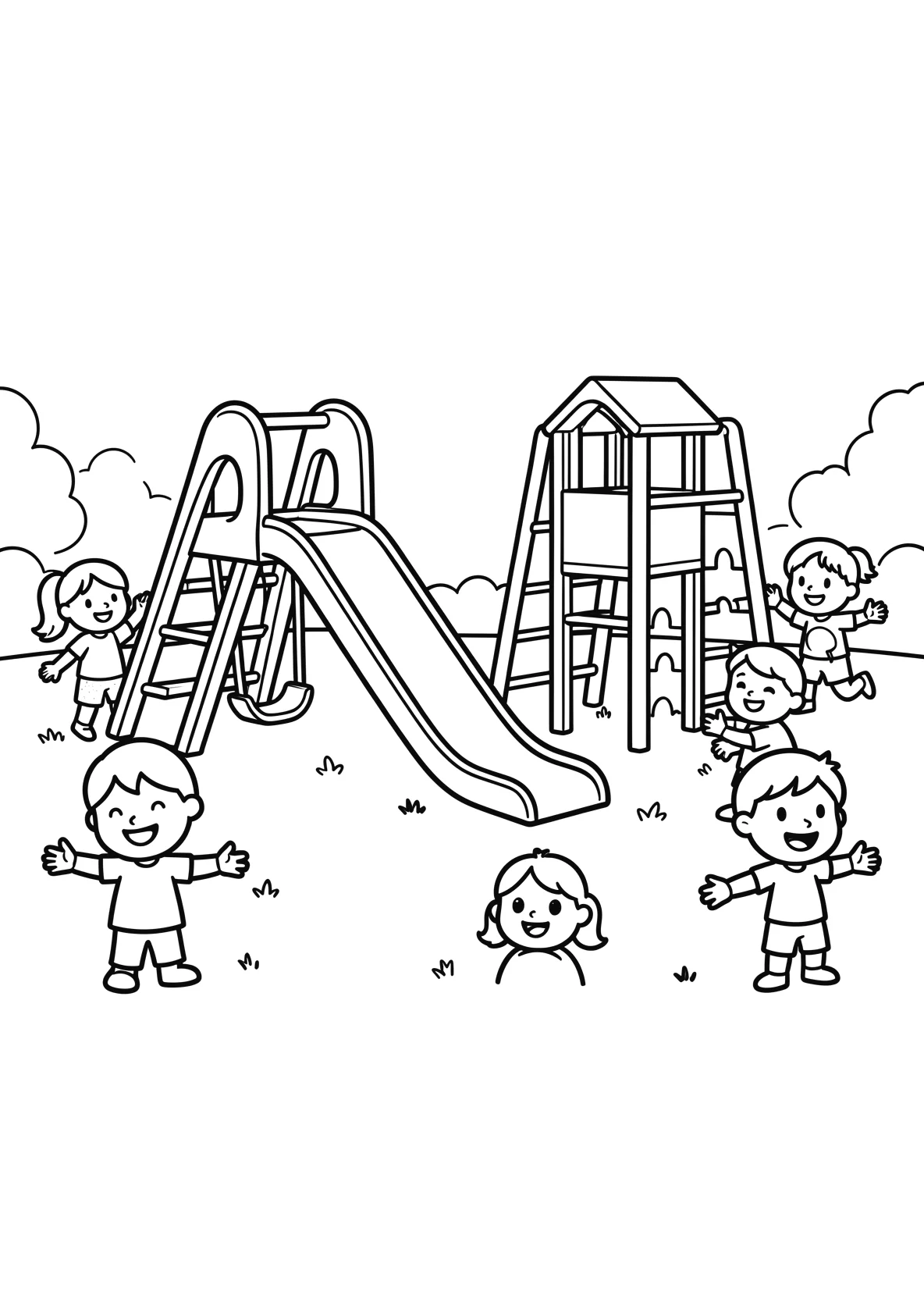 Ausmalbild Spielplatz mit Rutsche - Ausmalbild aus der Kategorie Berufe - kostenlos ausdrucken