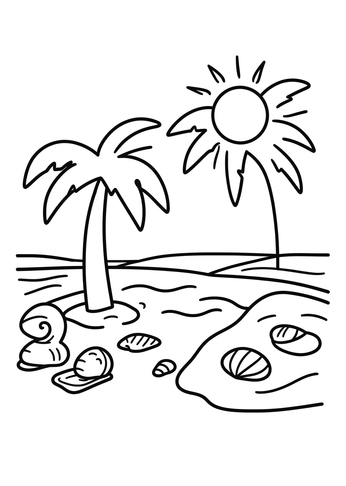 Ausmalbild Strand mit Palmen, Muscheln, Wellen und Sonne - Ausmalbild aus der Kategorie Natur - kostenlos ausdrucken
