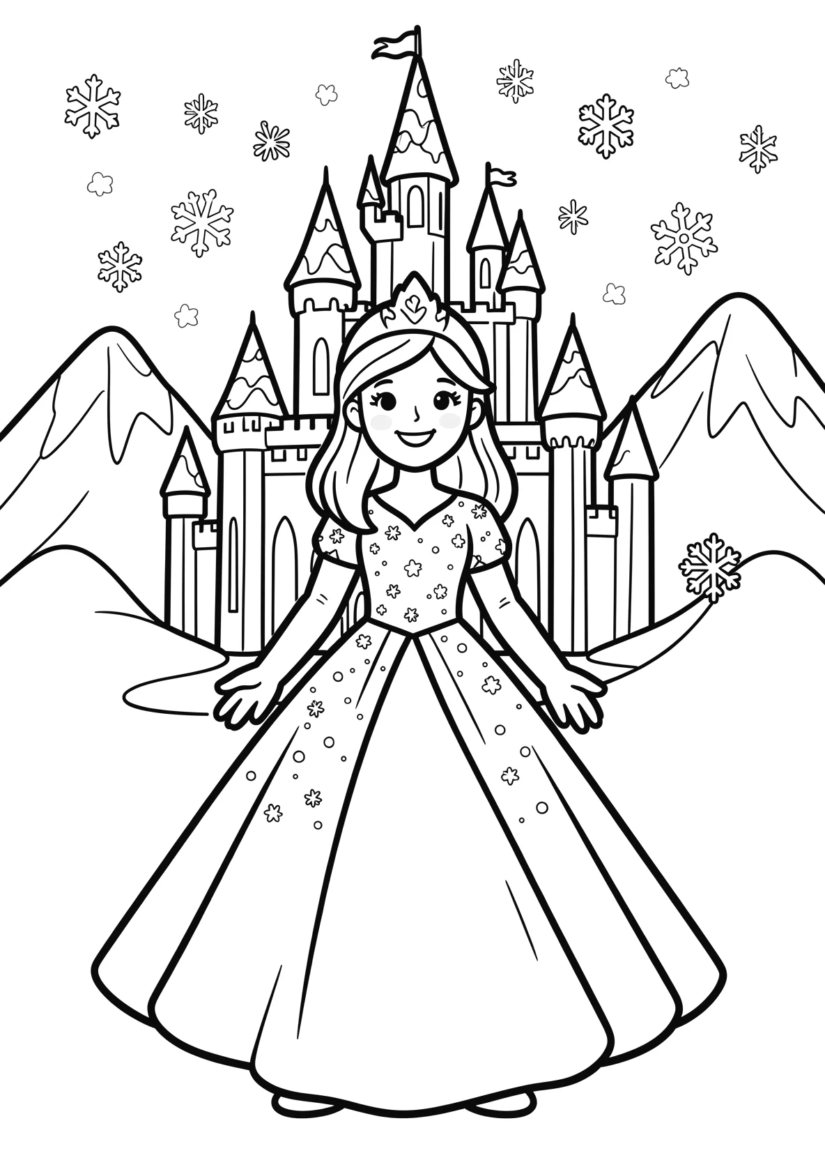 Ausmalbild Freundliche Eisprinzessin mit langem glitzernden - Ausmalbild aus der Kategorie Maerchen - kostenlos ausdrucken