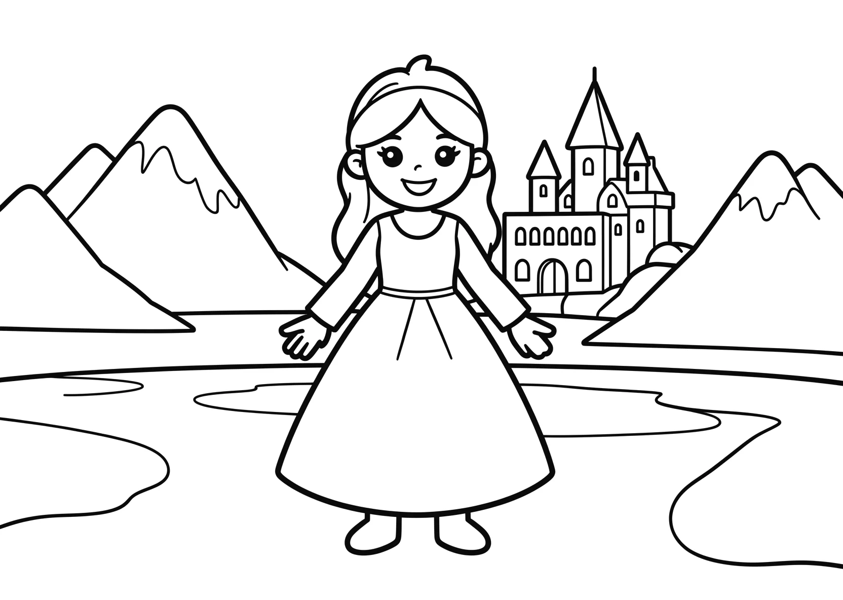 Ausmalbild Eisprinzessin steht auf einem gefrorenen See mit - Ausmalbild aus der Kategorie Maerchen - kostenlos ausdrucken