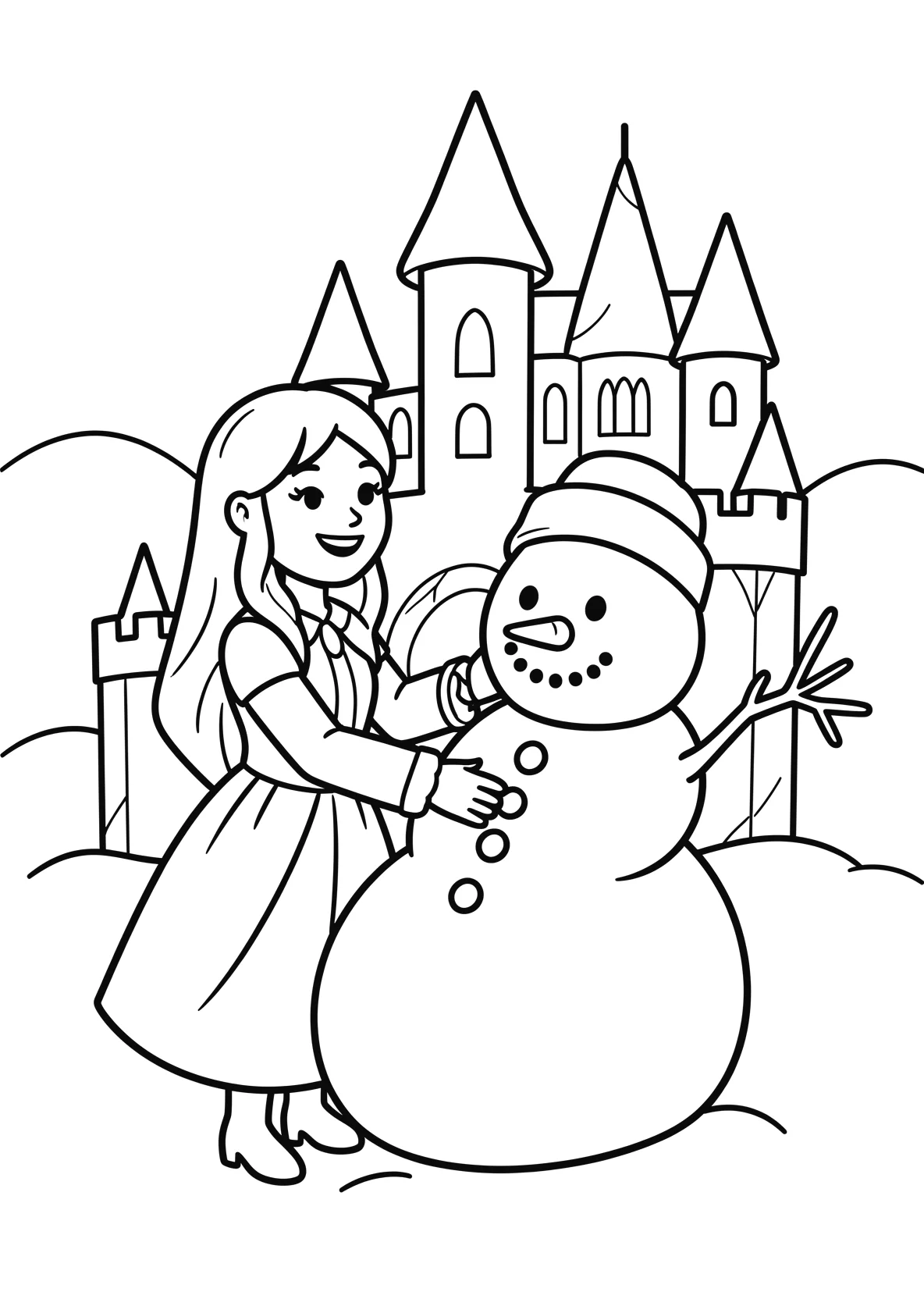 Ausmalbild Magische Eisprinzessin baut einen Schneemann vor - Ausmalbild aus der Kategorie Maerchen - kostenlos ausdrucken