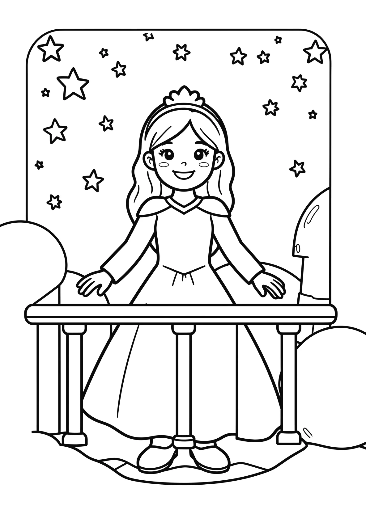 Ausmalbild Eisprinzessin steht auf einem Balkon eines - Ausmalbild aus der Kategorie Maerchen - kostenlos ausdrucken