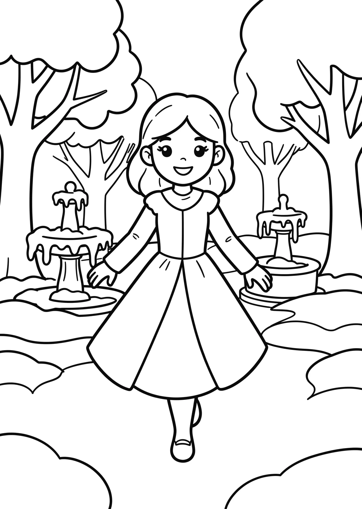 Ausmalbild Eisprinzessin läuft durch einen verschneiten - Ausmalbild aus der Kategorie Maerchen - kostenlos ausdrucken